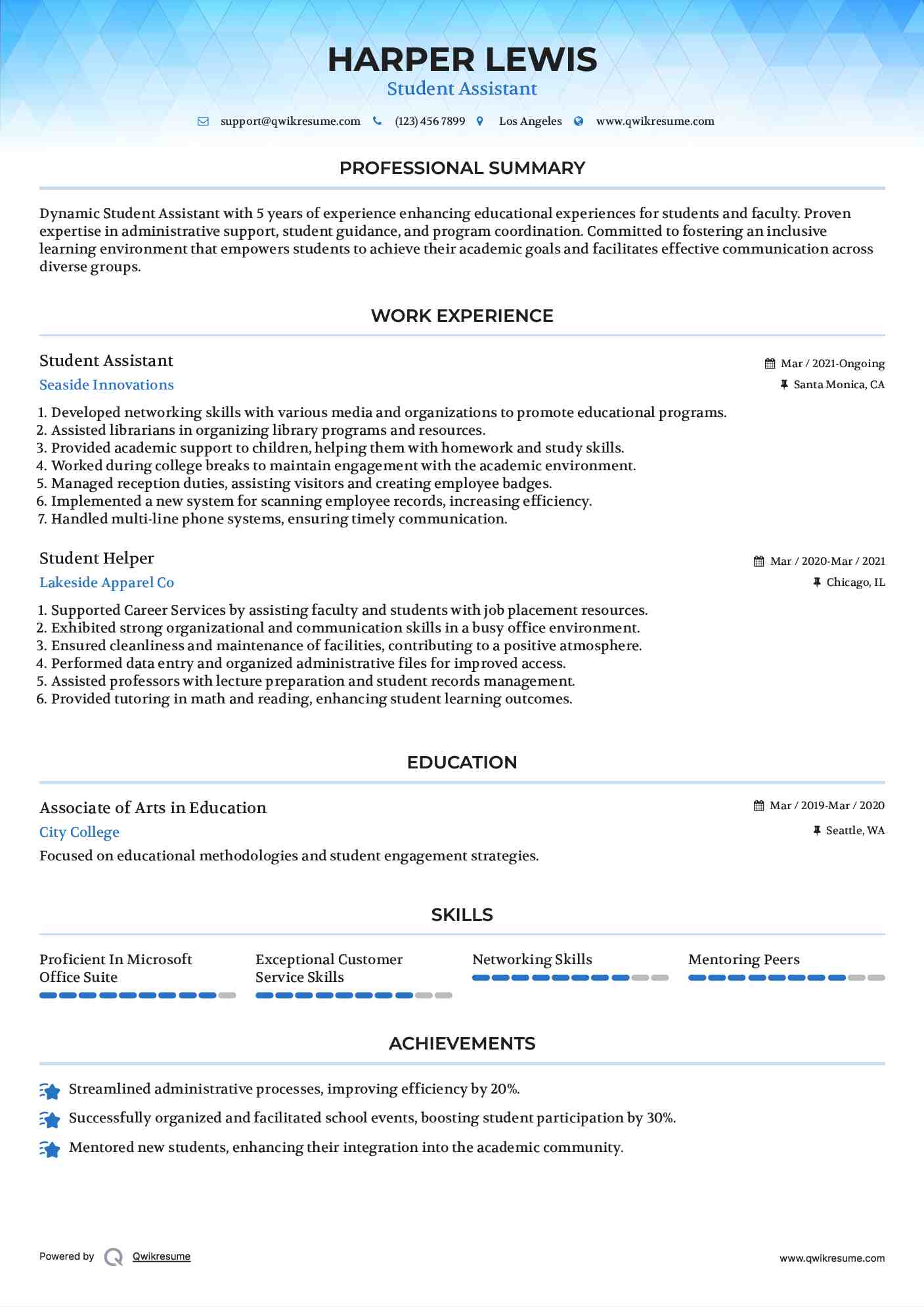 Student Assistant Resume Model