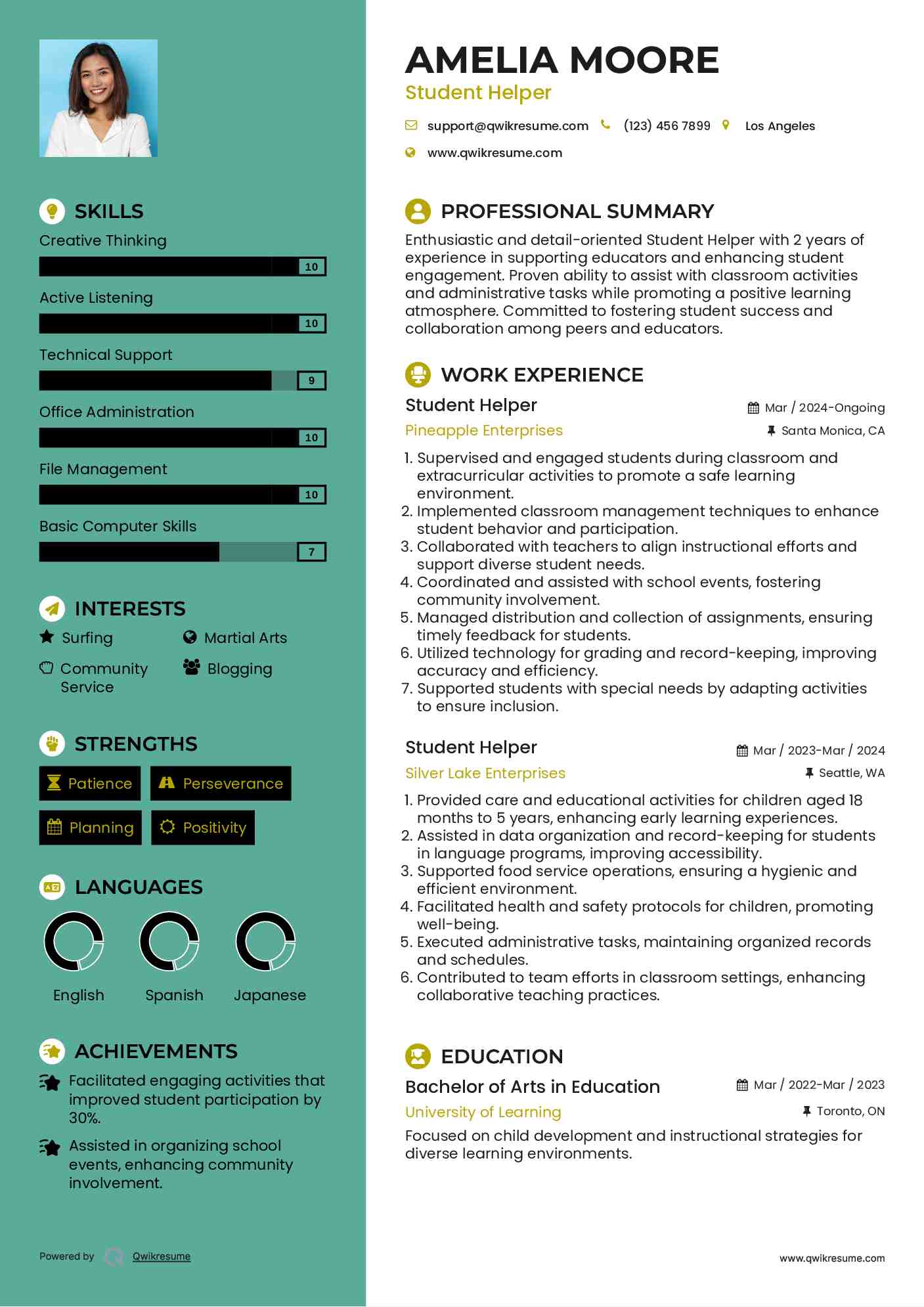 Student Helper Resume Model