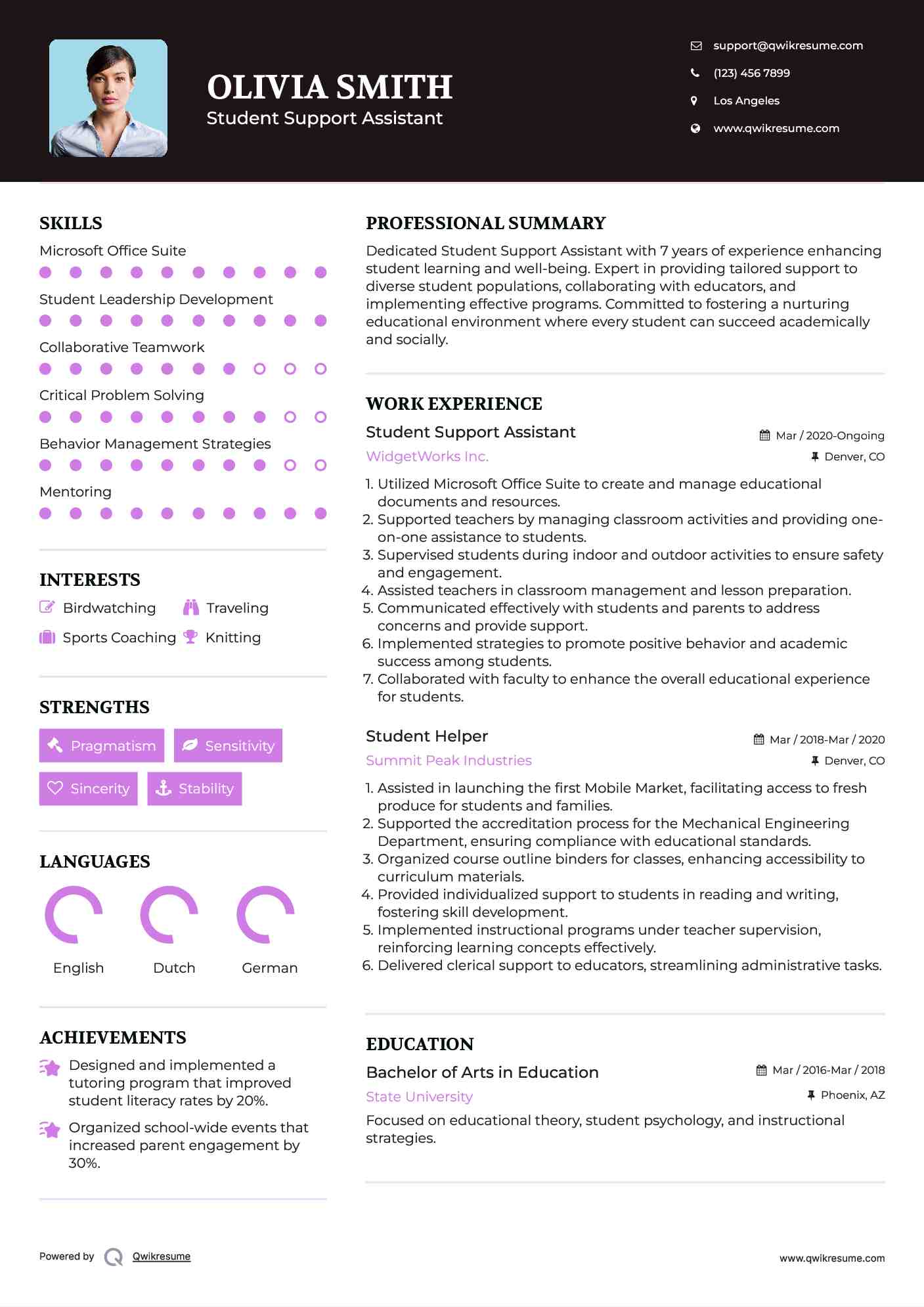 Student Support Assistant Resume Model