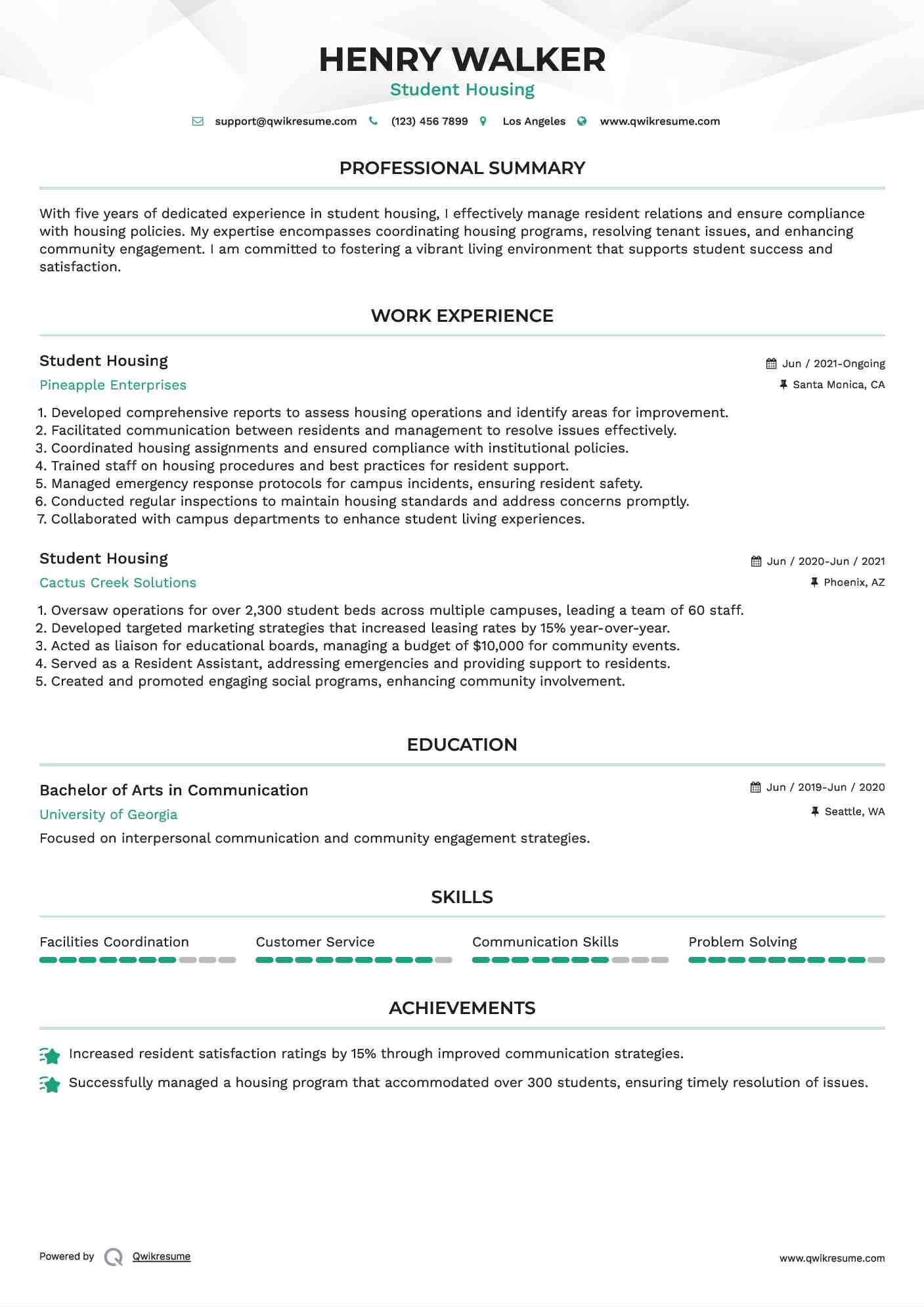 Student Housing Resume Format