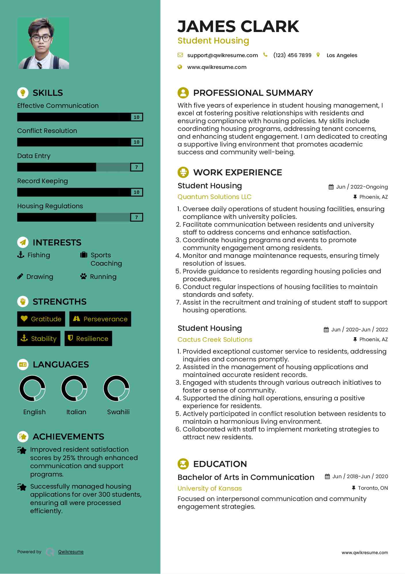 Student Housing Resume Model