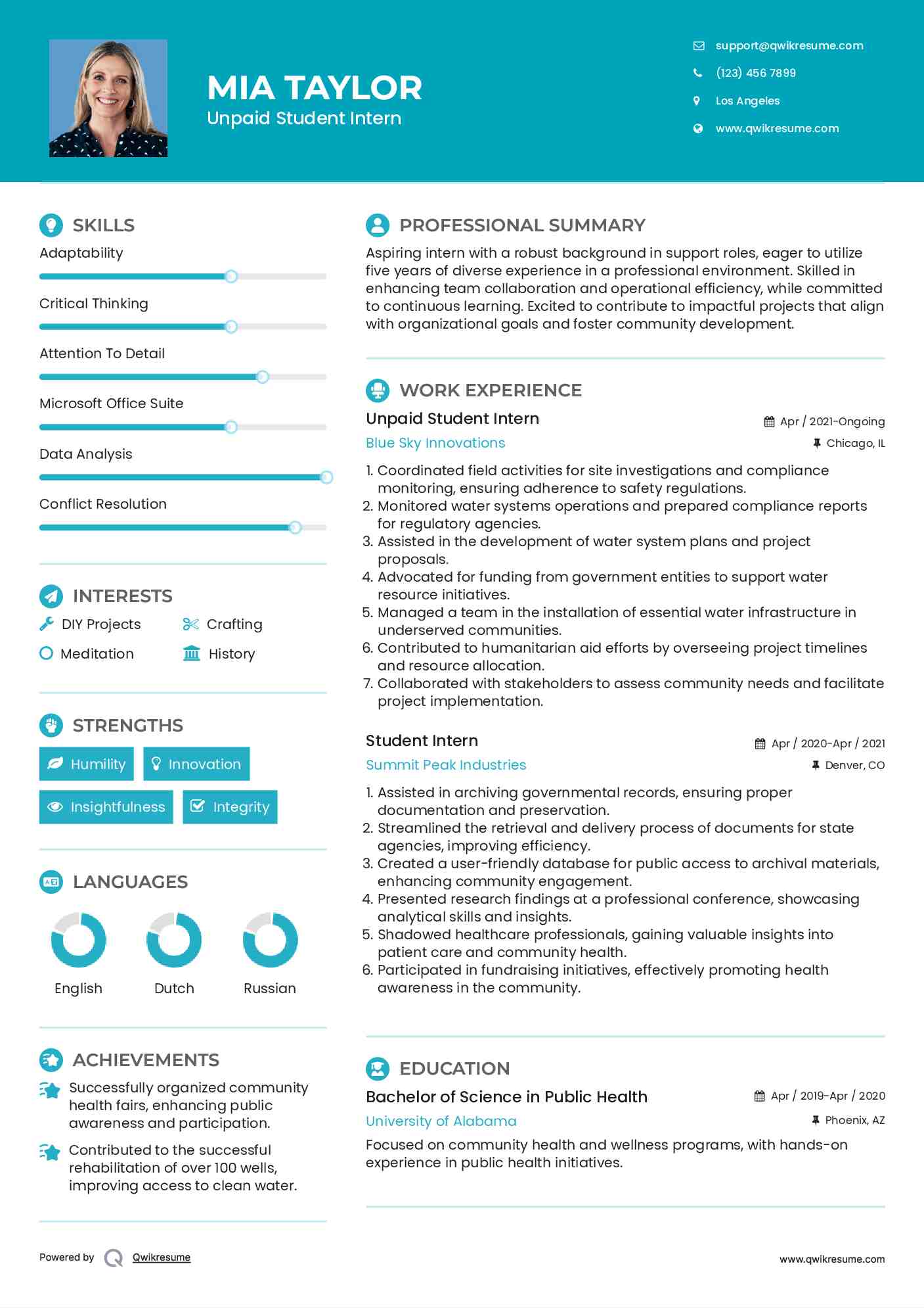 Unpaid Student Intern Resume Sample