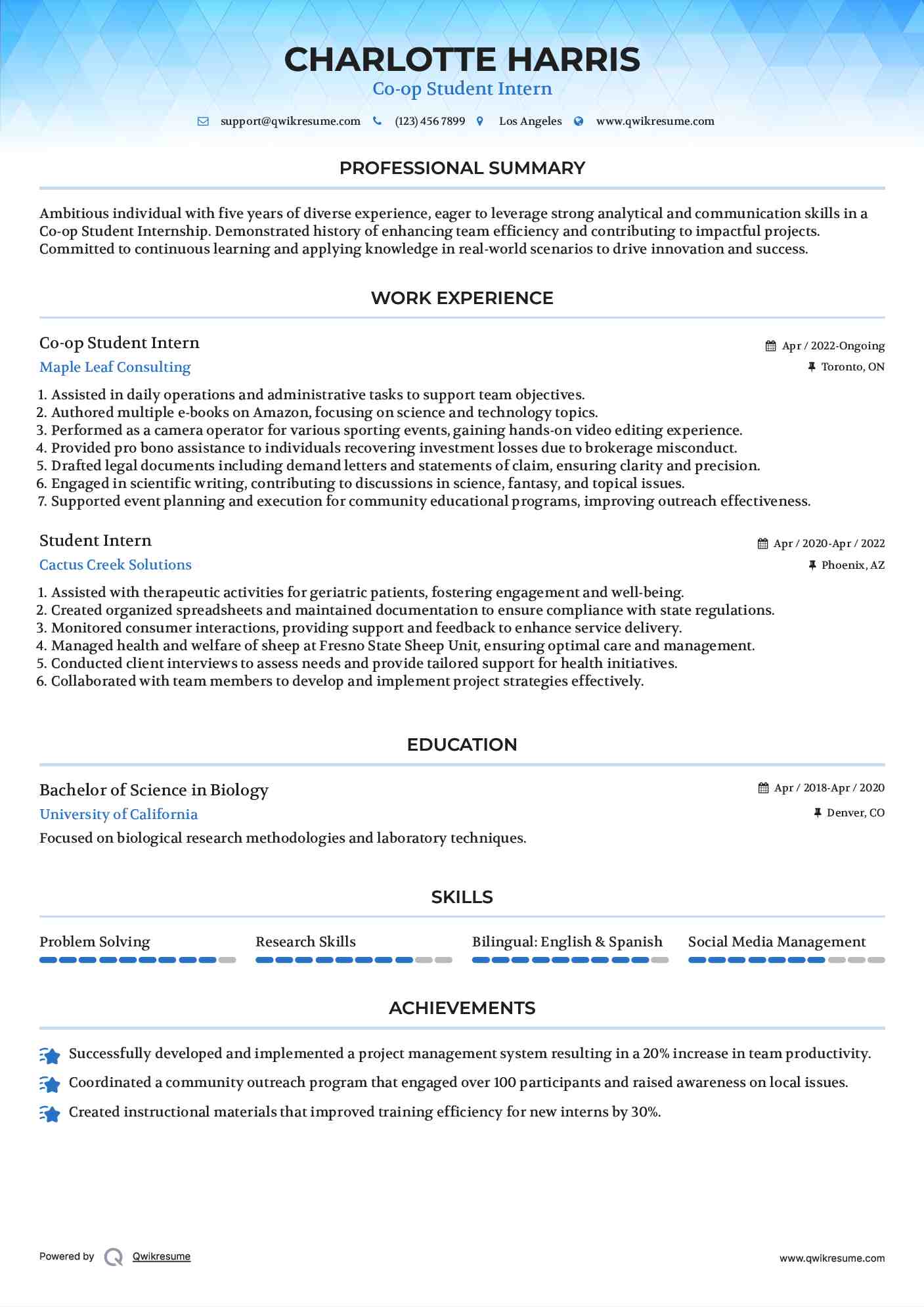 Co-op Student Intern Resume Model