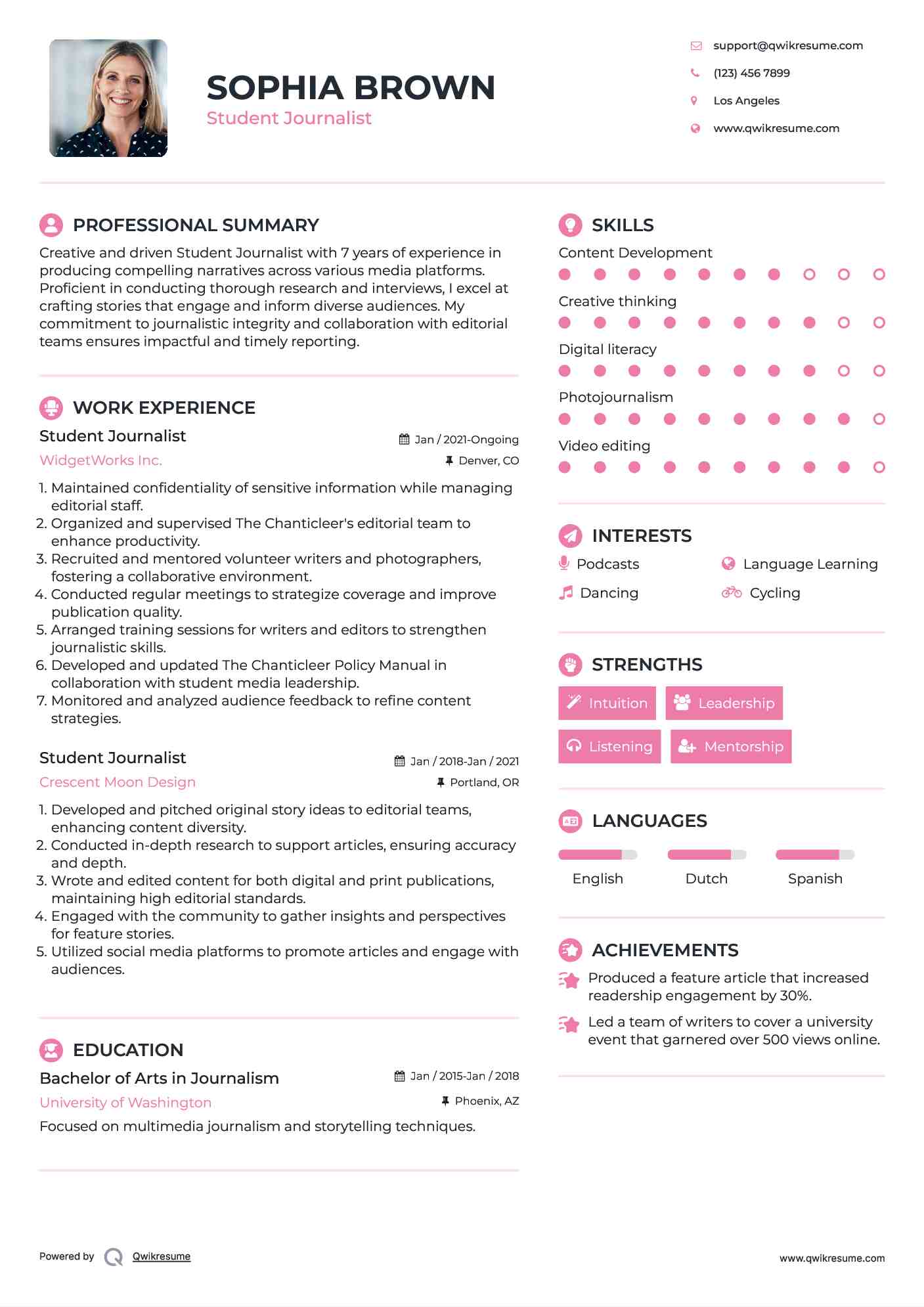 Student Journalist Resume Template