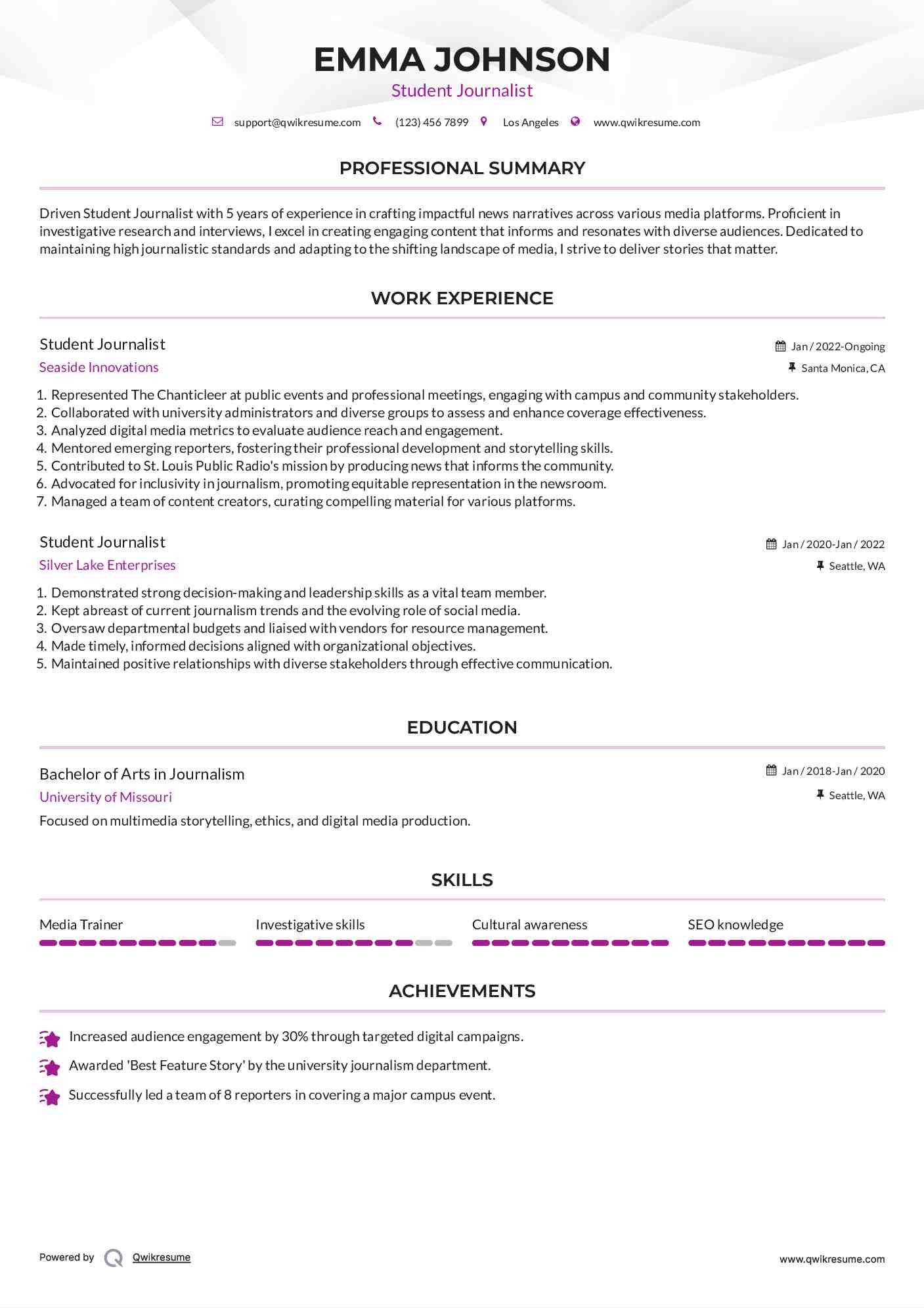 Student Journalist Resume Model