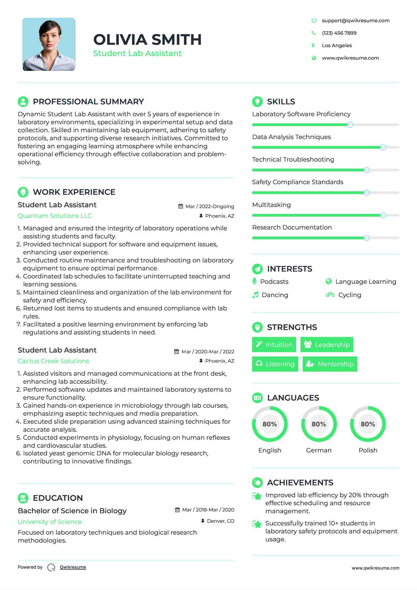 Student Lab Assistant Resume Model
