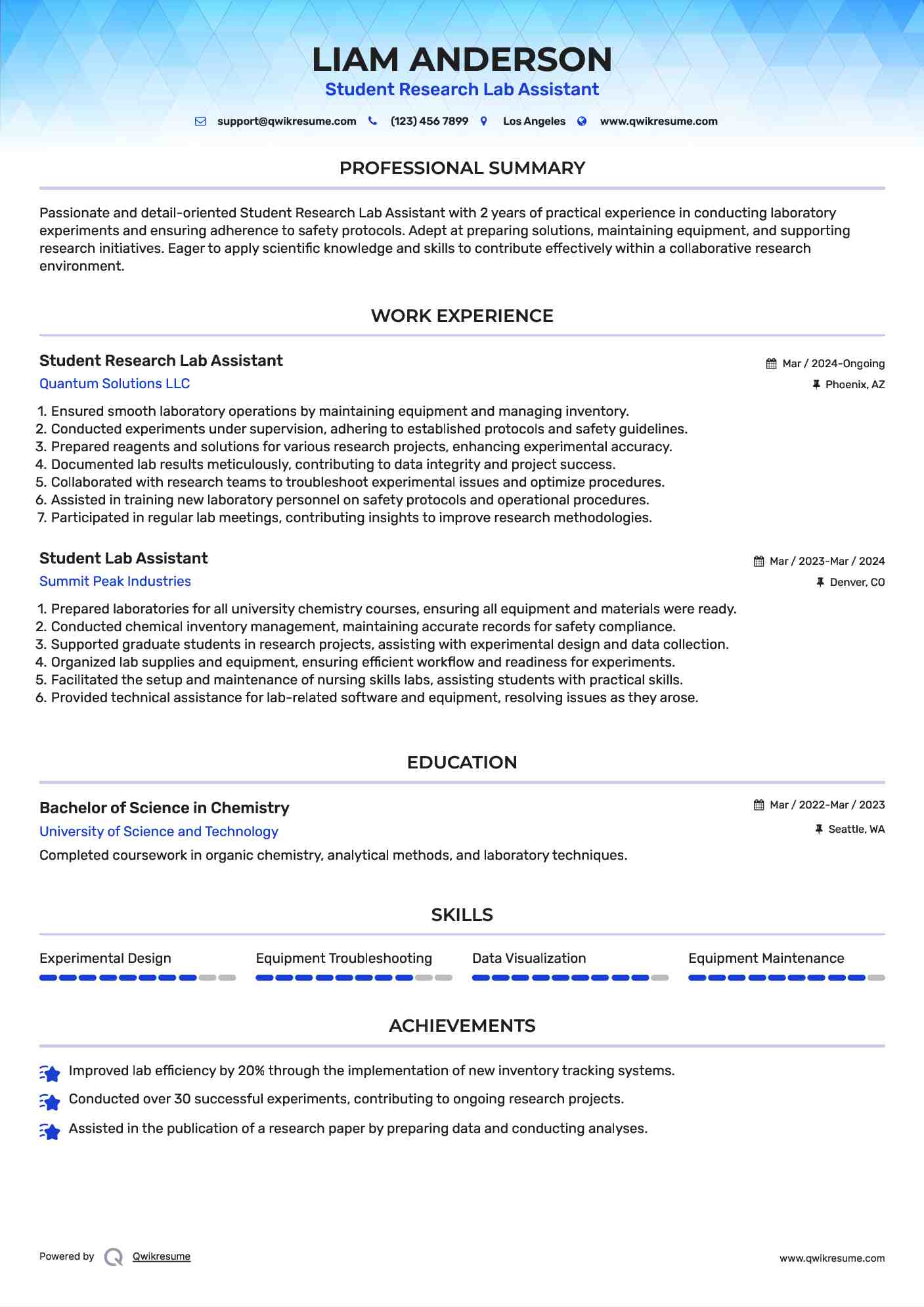 Student Research Lab Assistant Resume Template