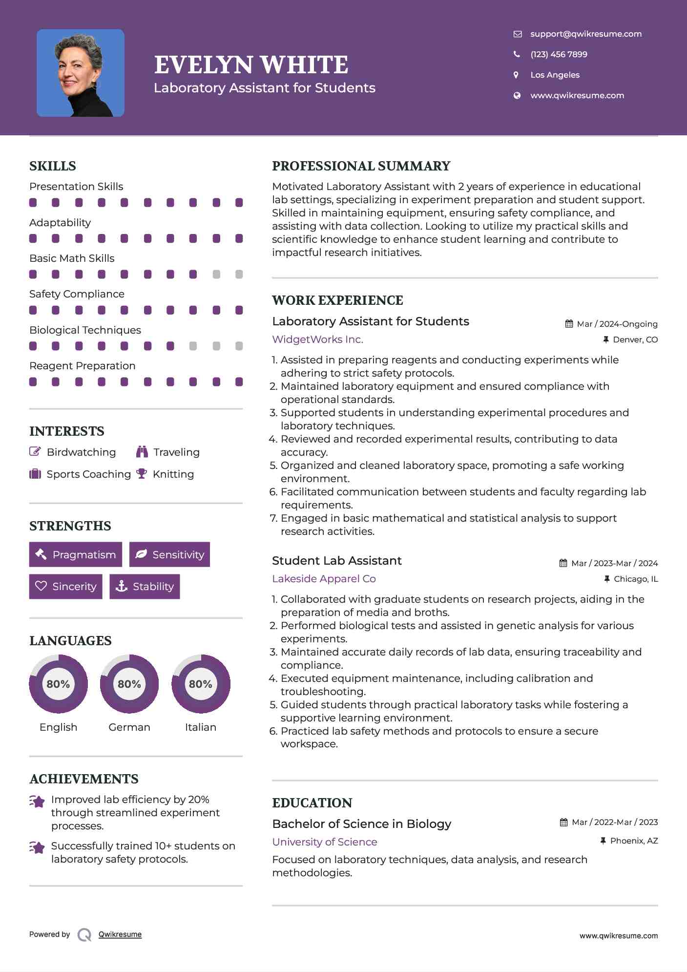 Laboratory Assistant for Students Resume Sample