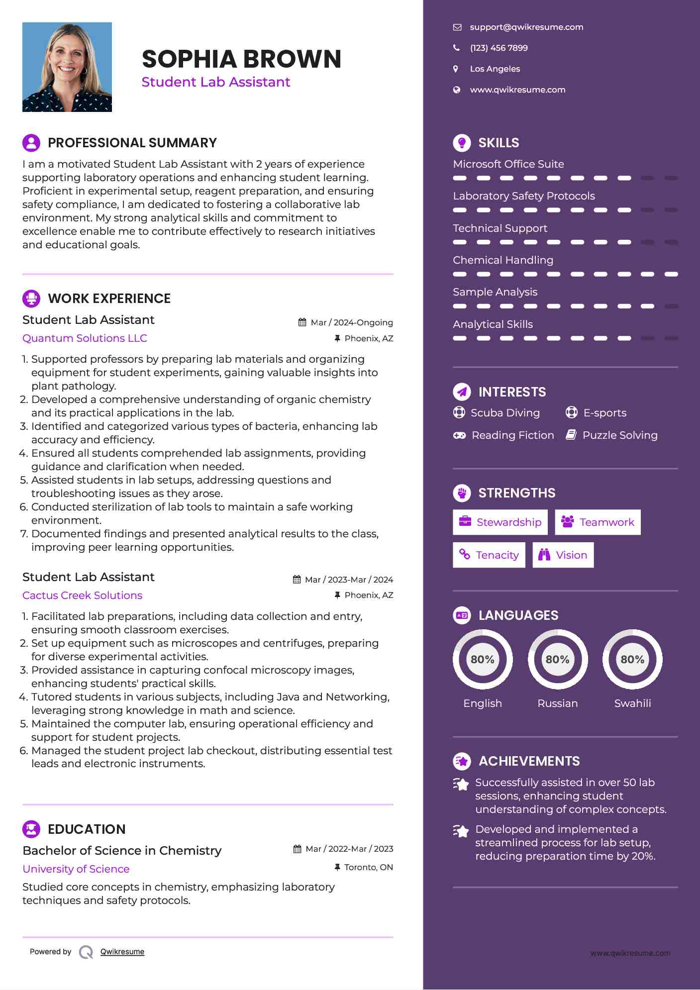 Student Lab Assistant Resume Sample