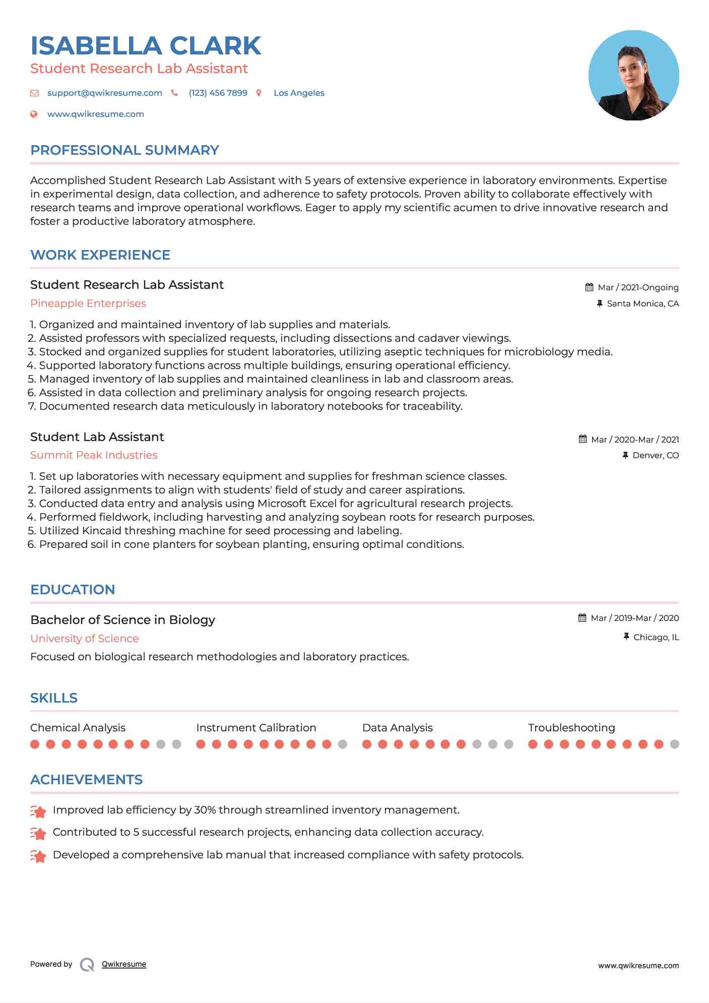 Student Research Lab Assistant Resume Template