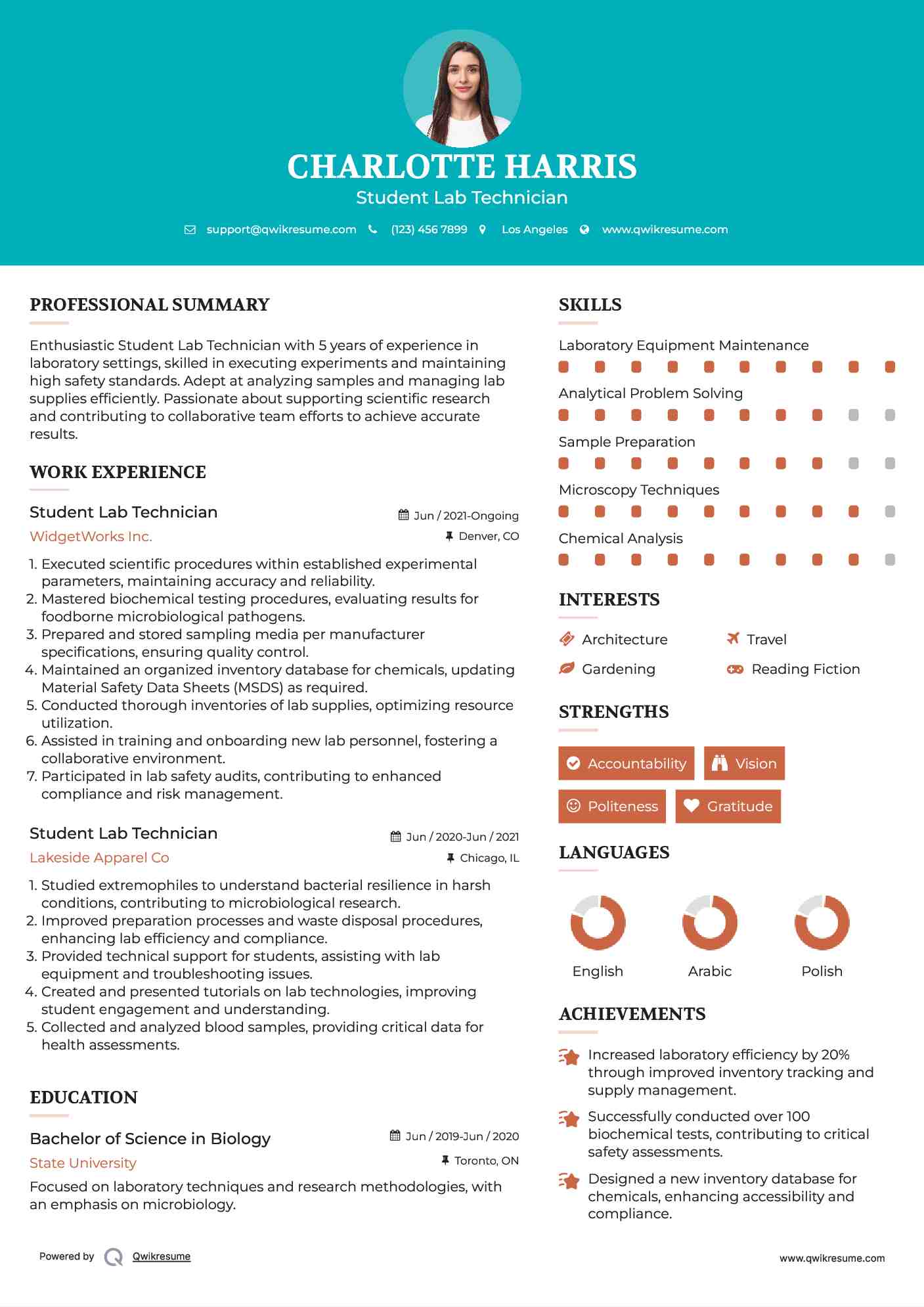 Student Lab Technician Resume Template