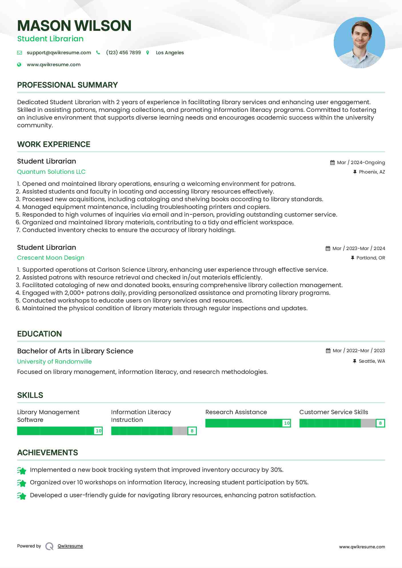 Student Librarian Resume Template