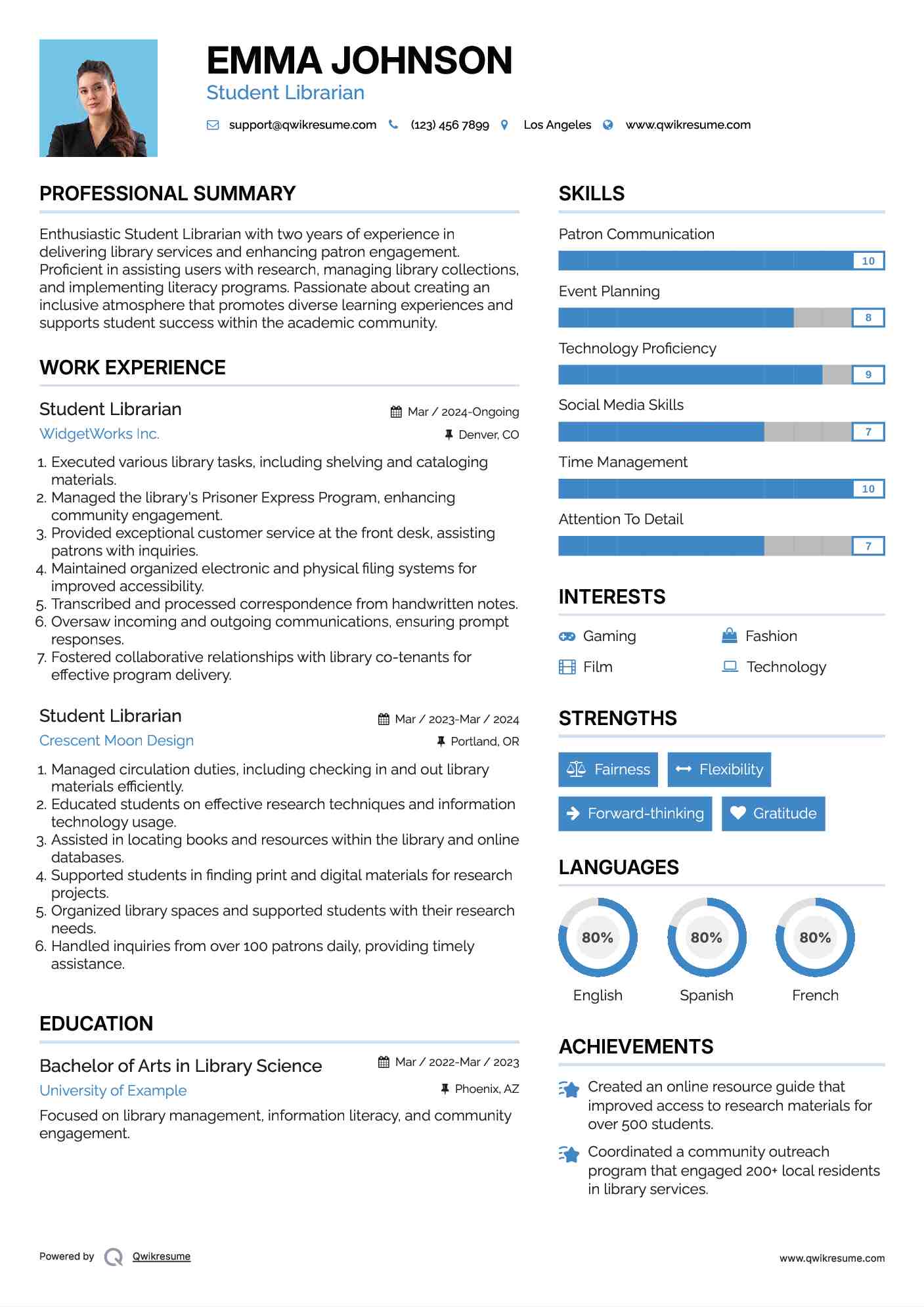 Student Librarian Resume Template