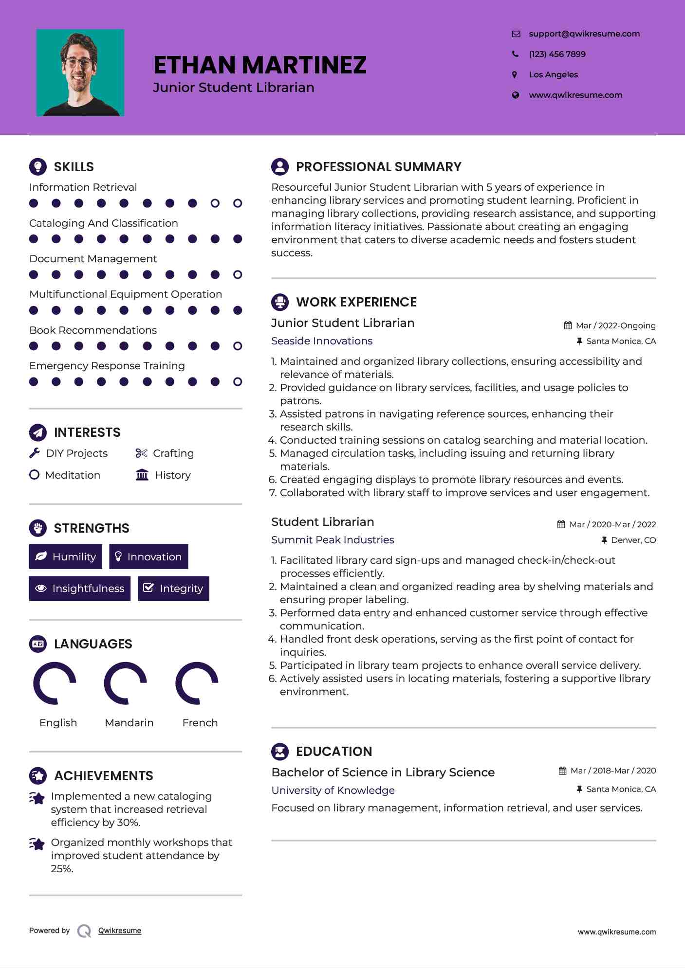 Junior Student Librarian Resume Sample