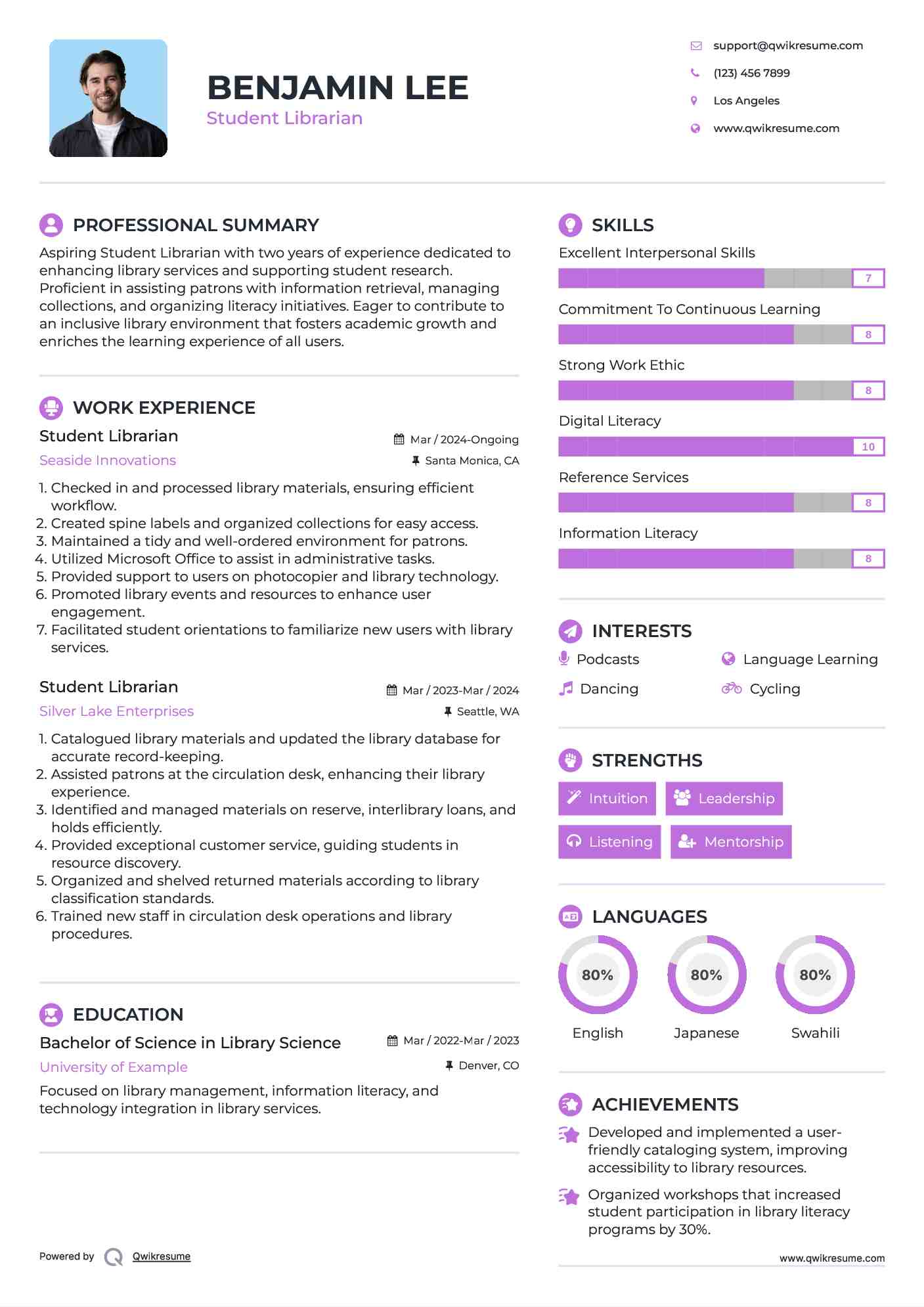 Student Librarian Resume Template