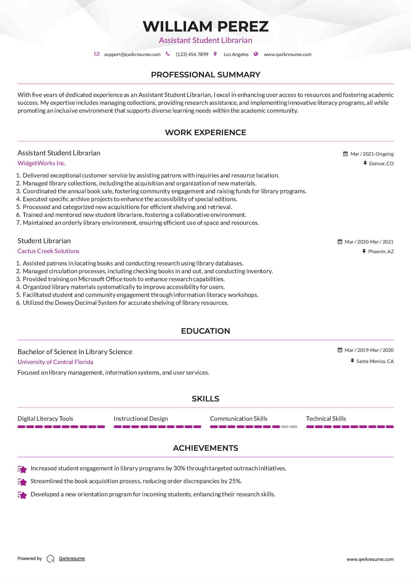 Assistant Student Librarian Resume Example