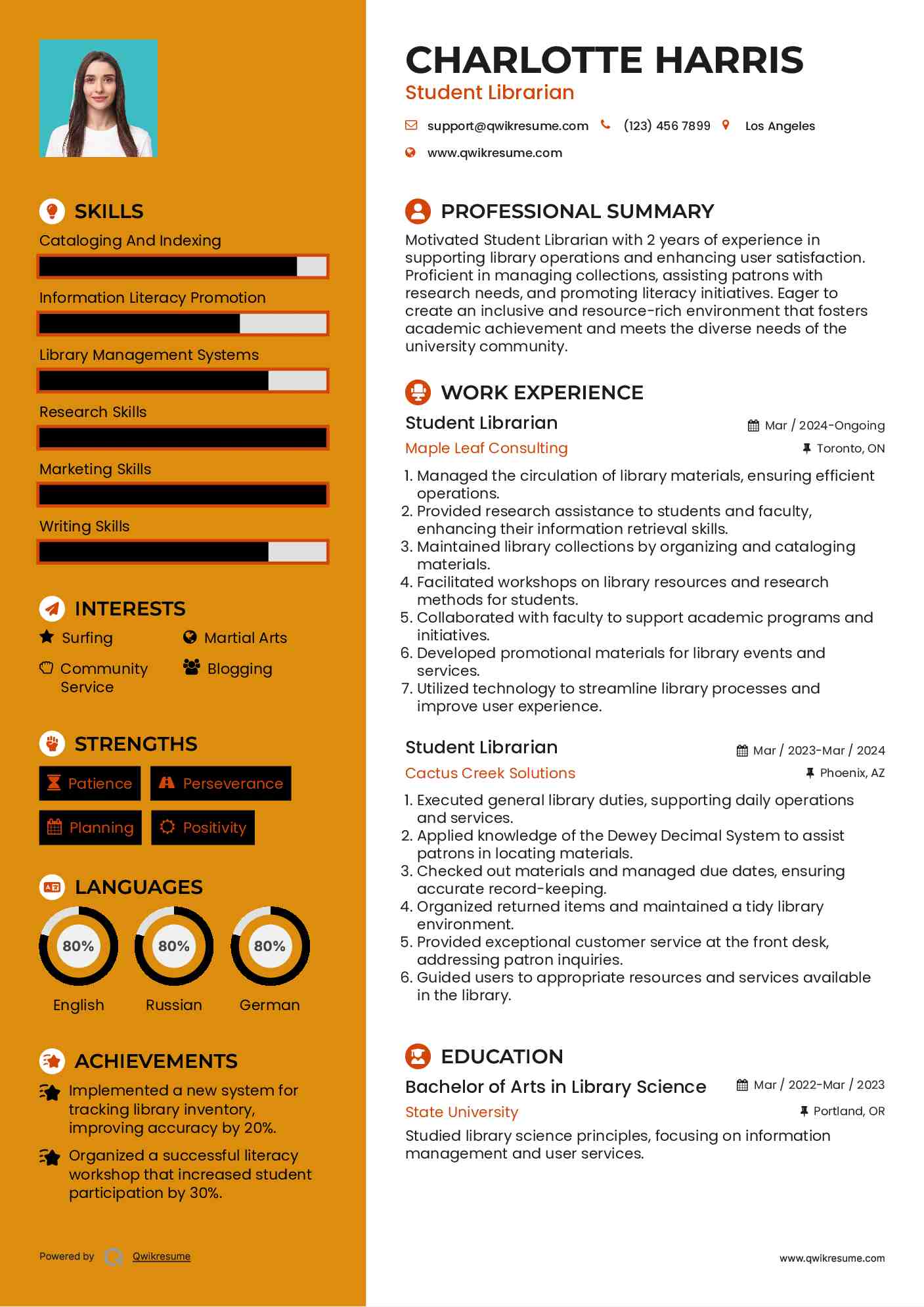 Student Librarian Resume Model