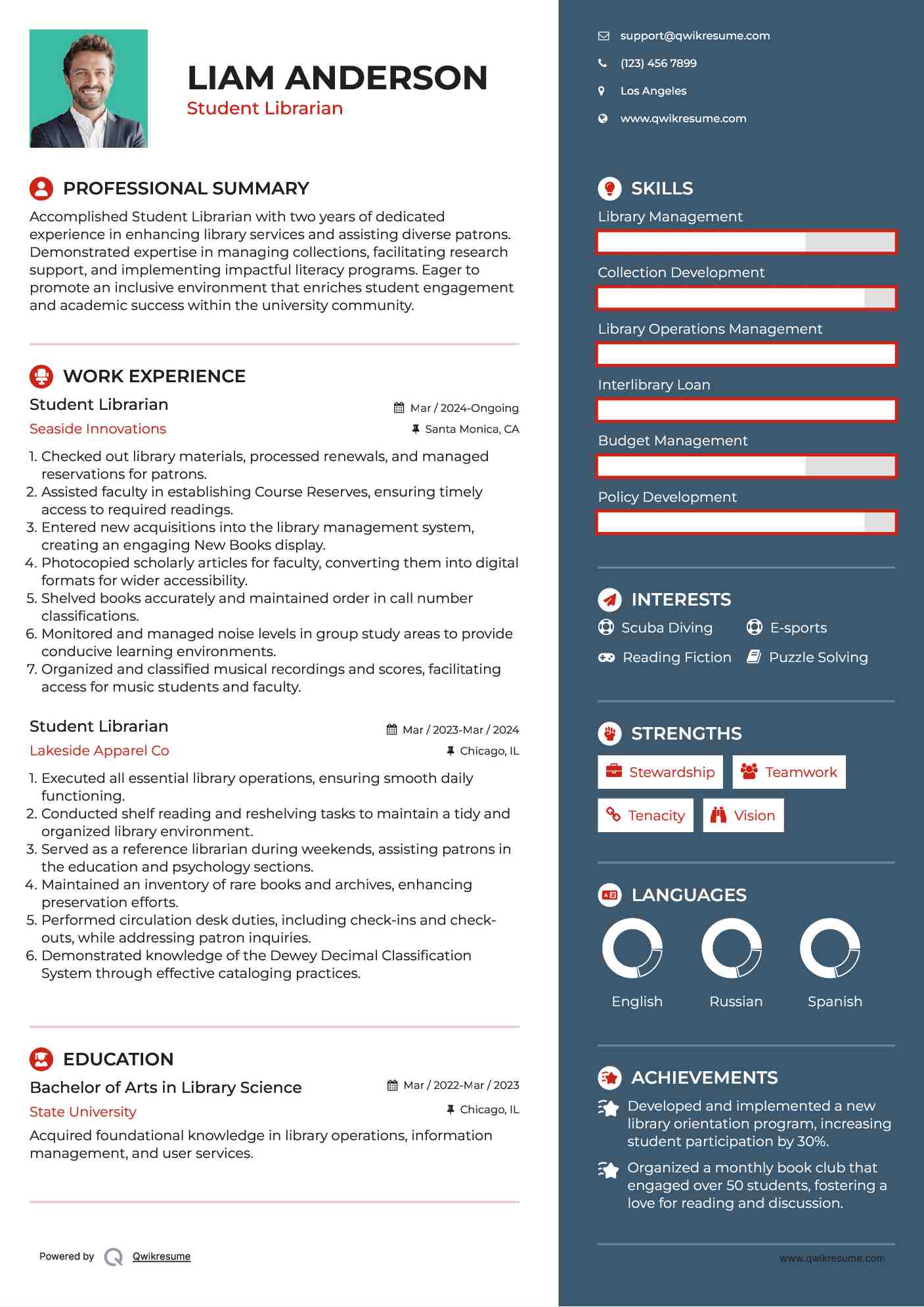 Student Librarian Resume Sample