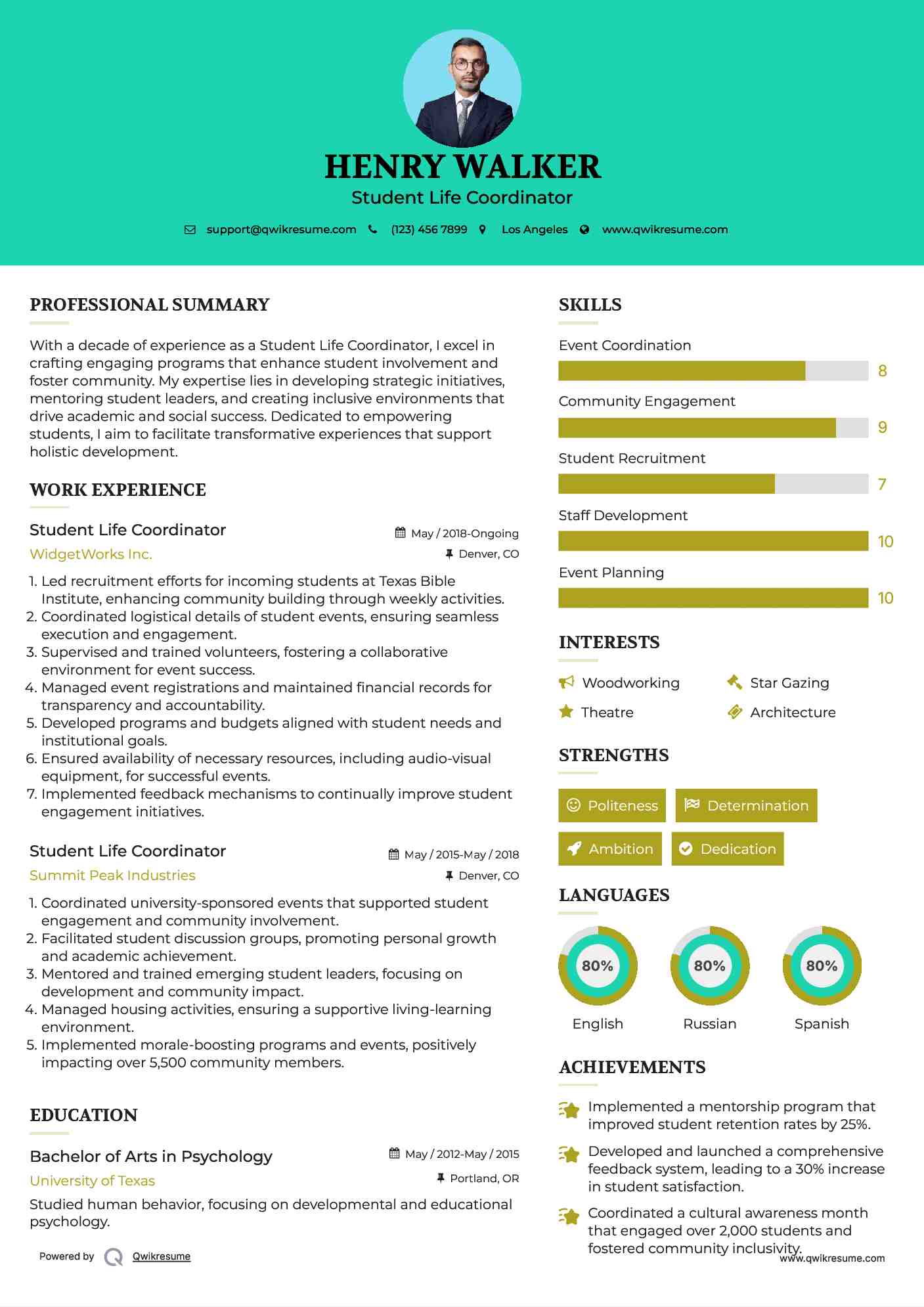 Student Life Coordinator Resume Format