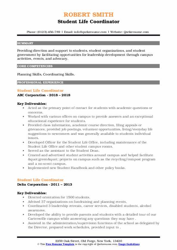 Student Life Coordinator Resume Samples QwikResume