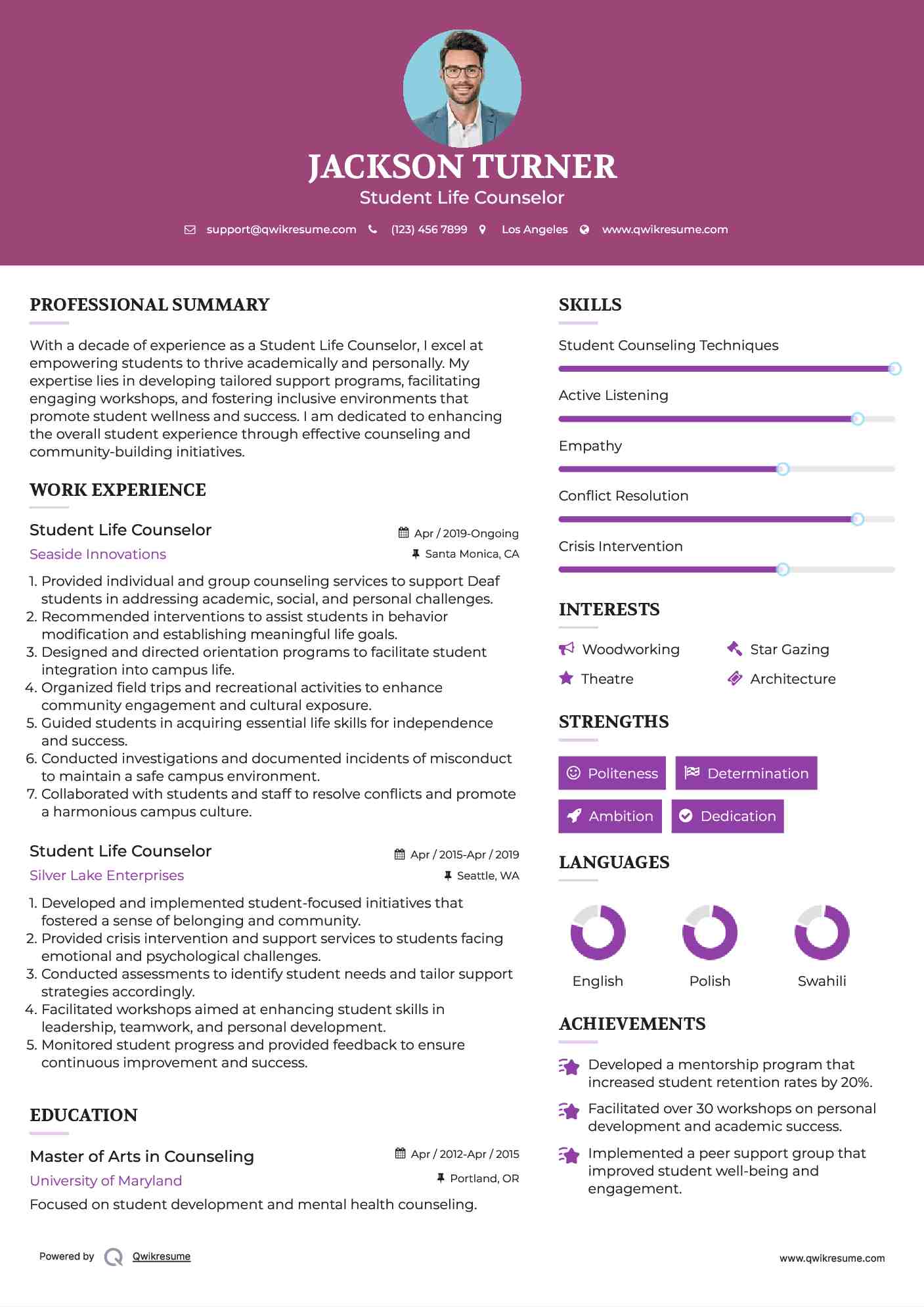 Student Life Counselor Resume Model