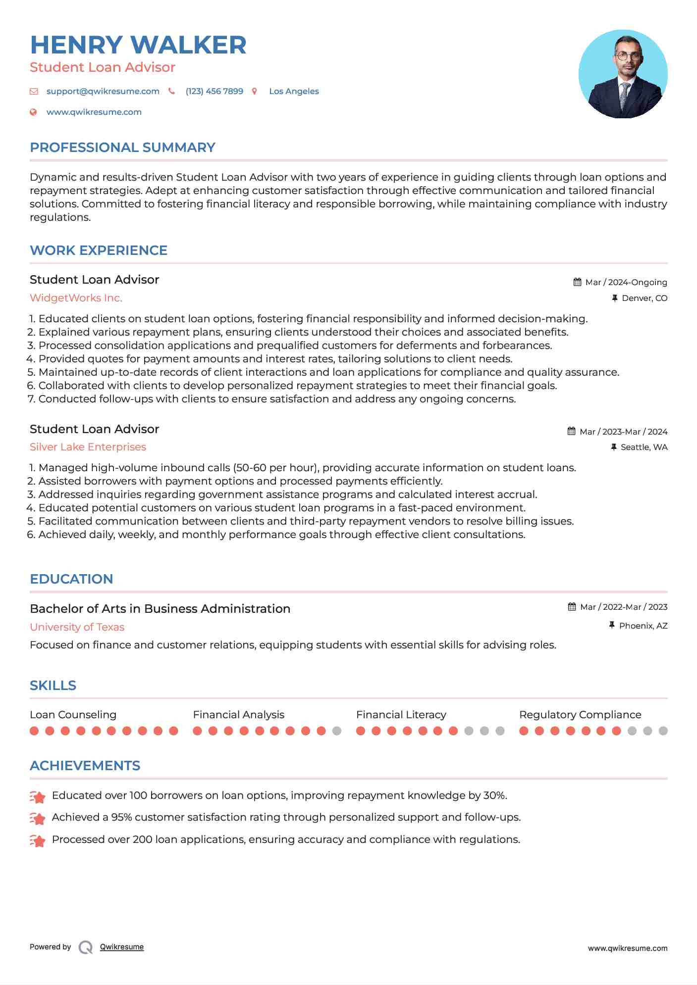 Student Loan Advisor Resume Example