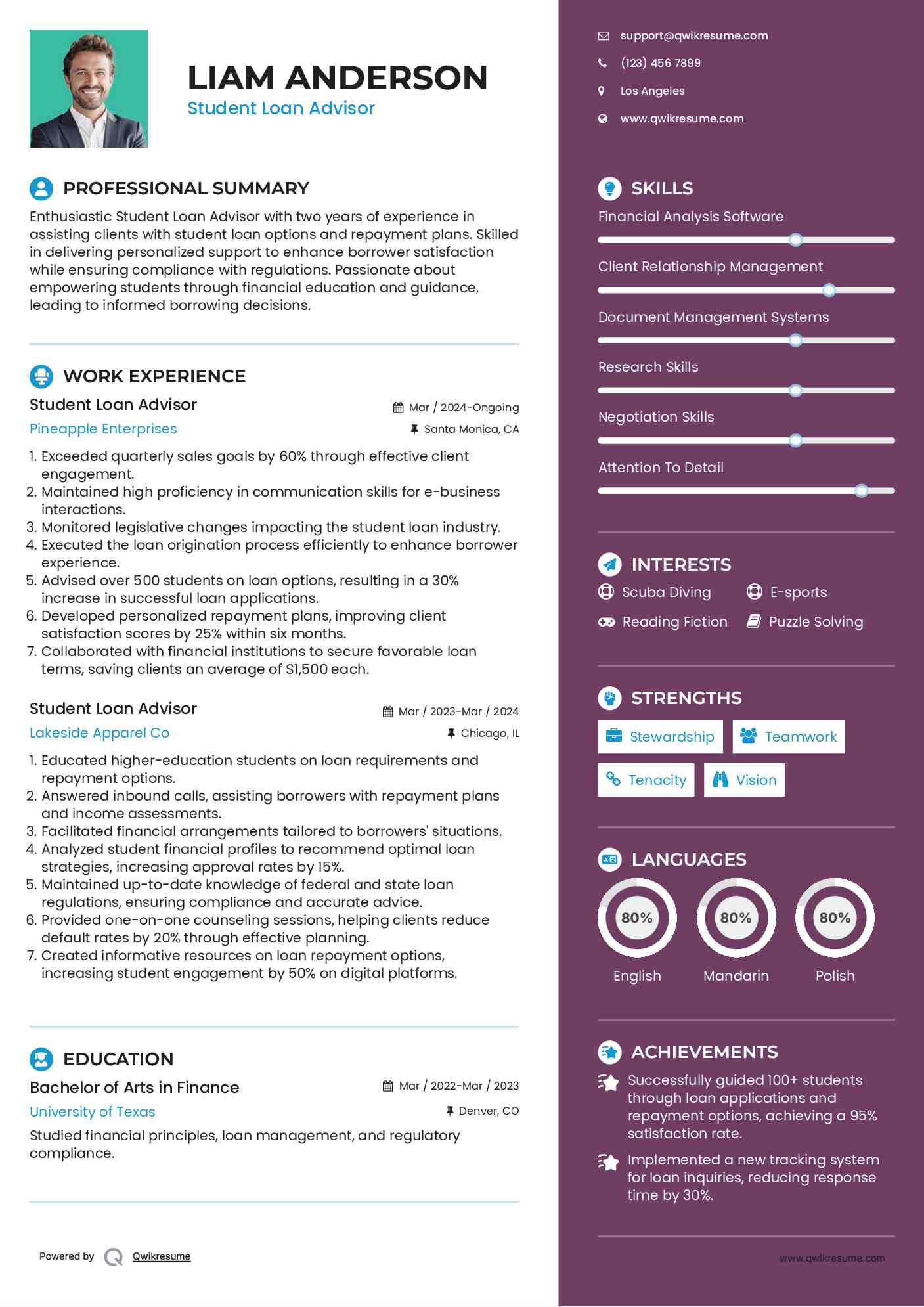 Student Loan Advisor Resume Example