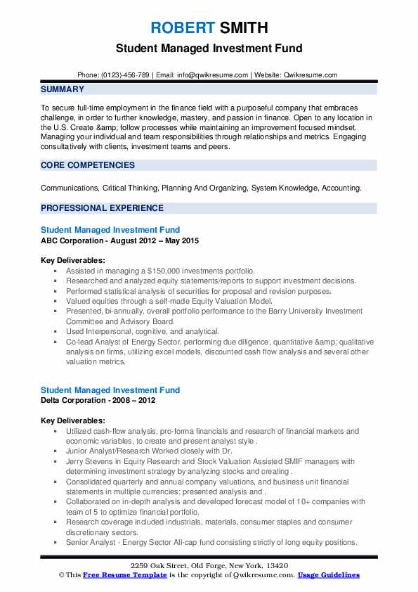 Student Managed Investment Fund Resume Samples QwikResume