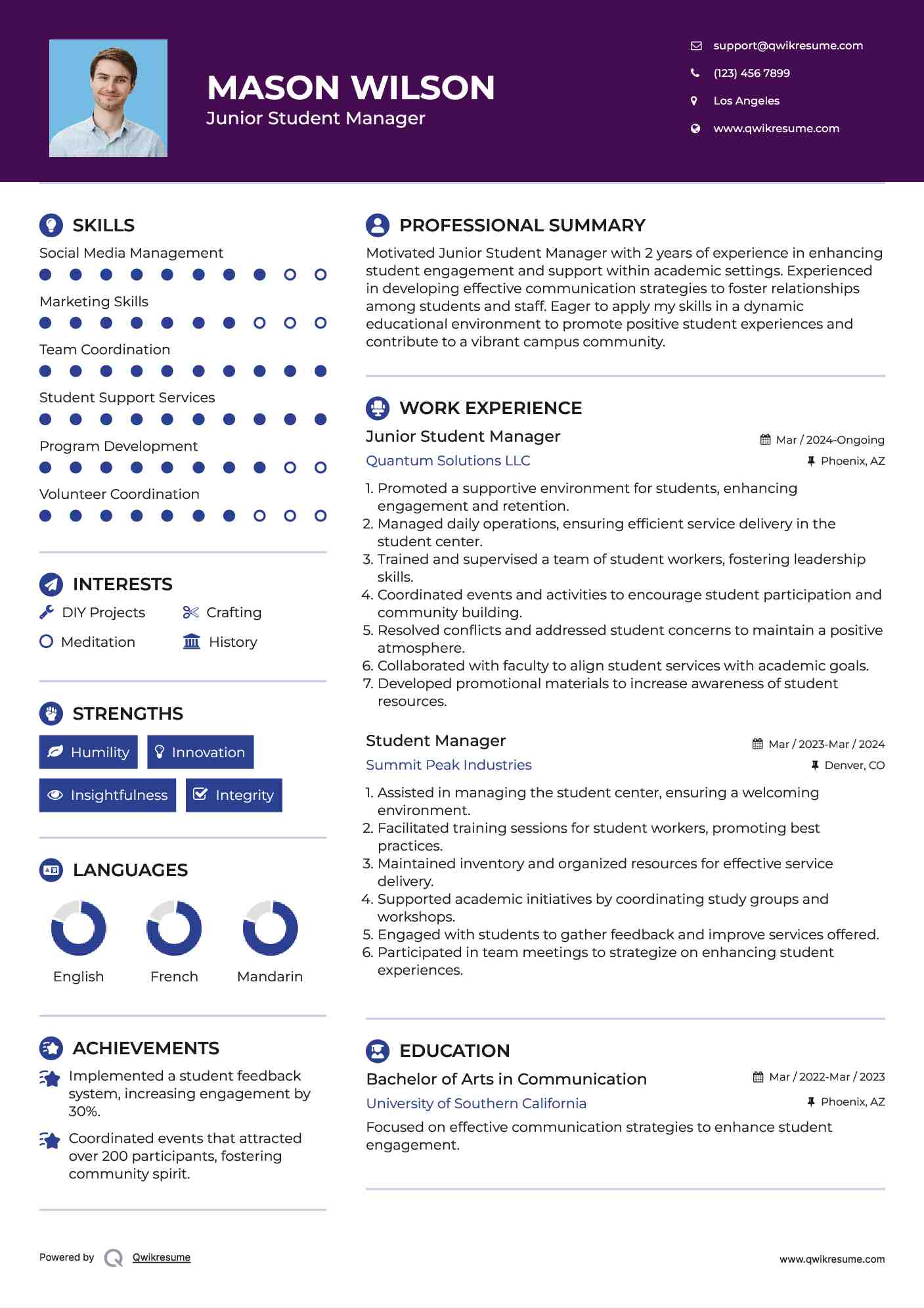 Junior Student Manager Resume Sample
