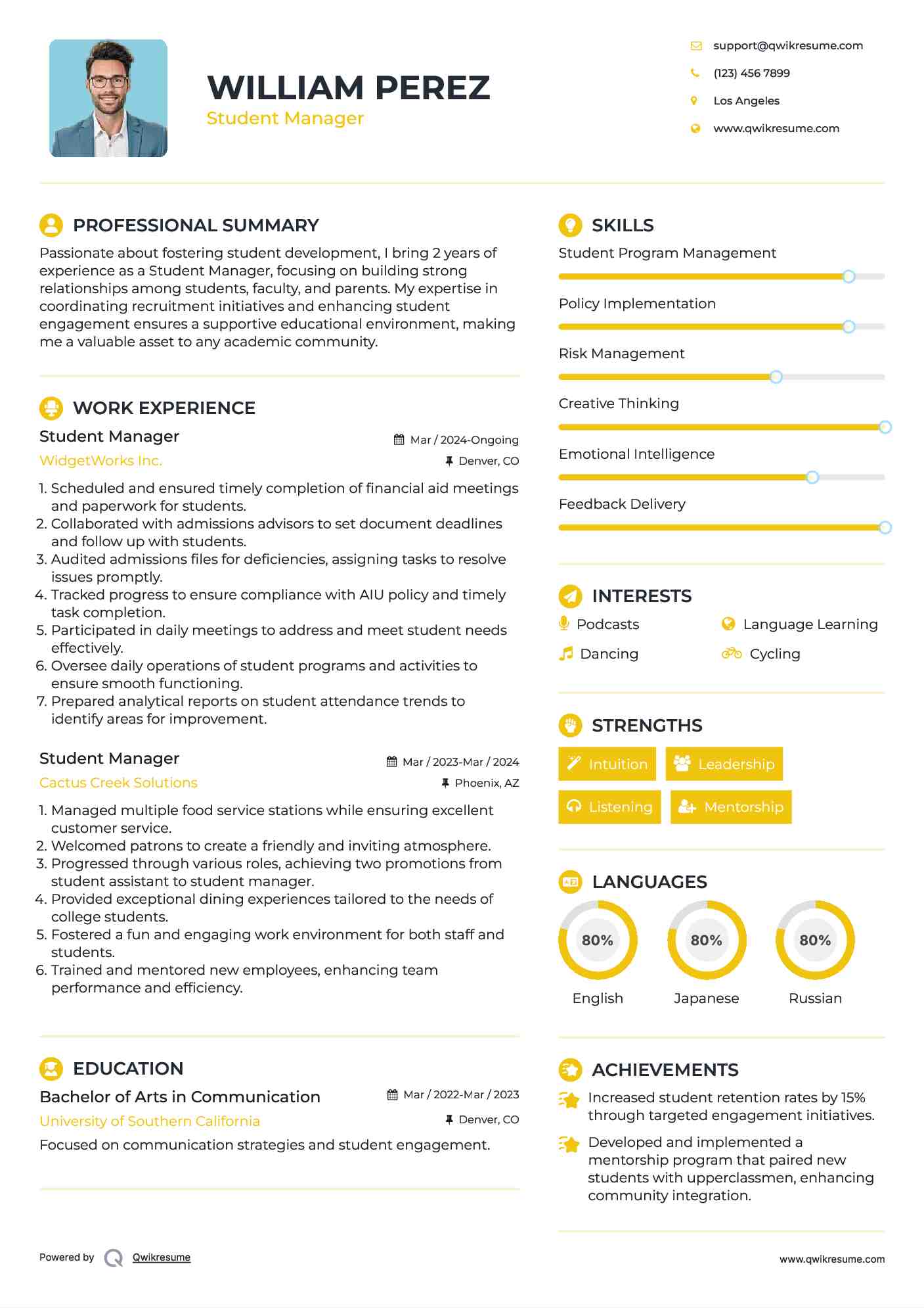 Student Manager Resume Template