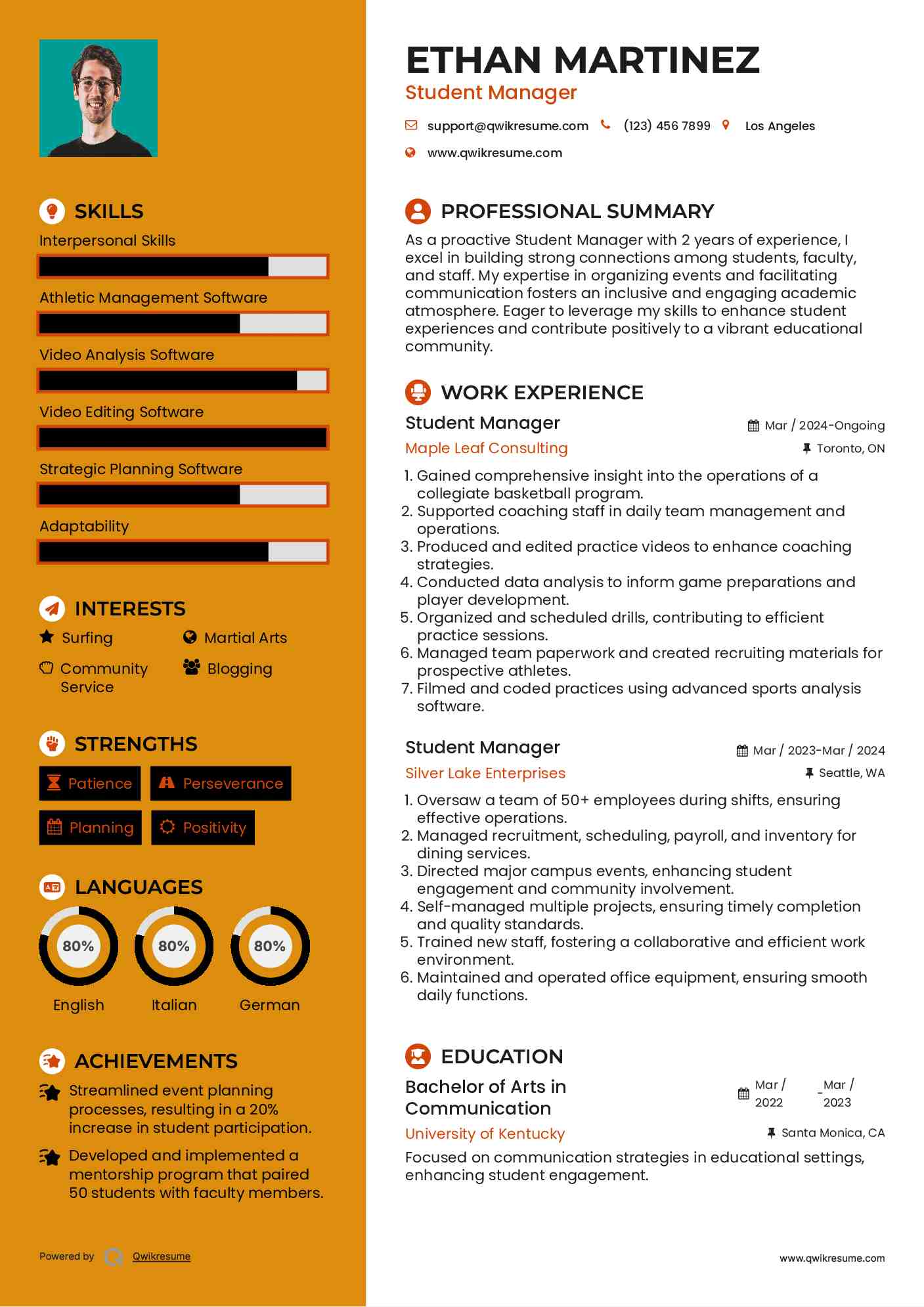 Student Manager Resume Example