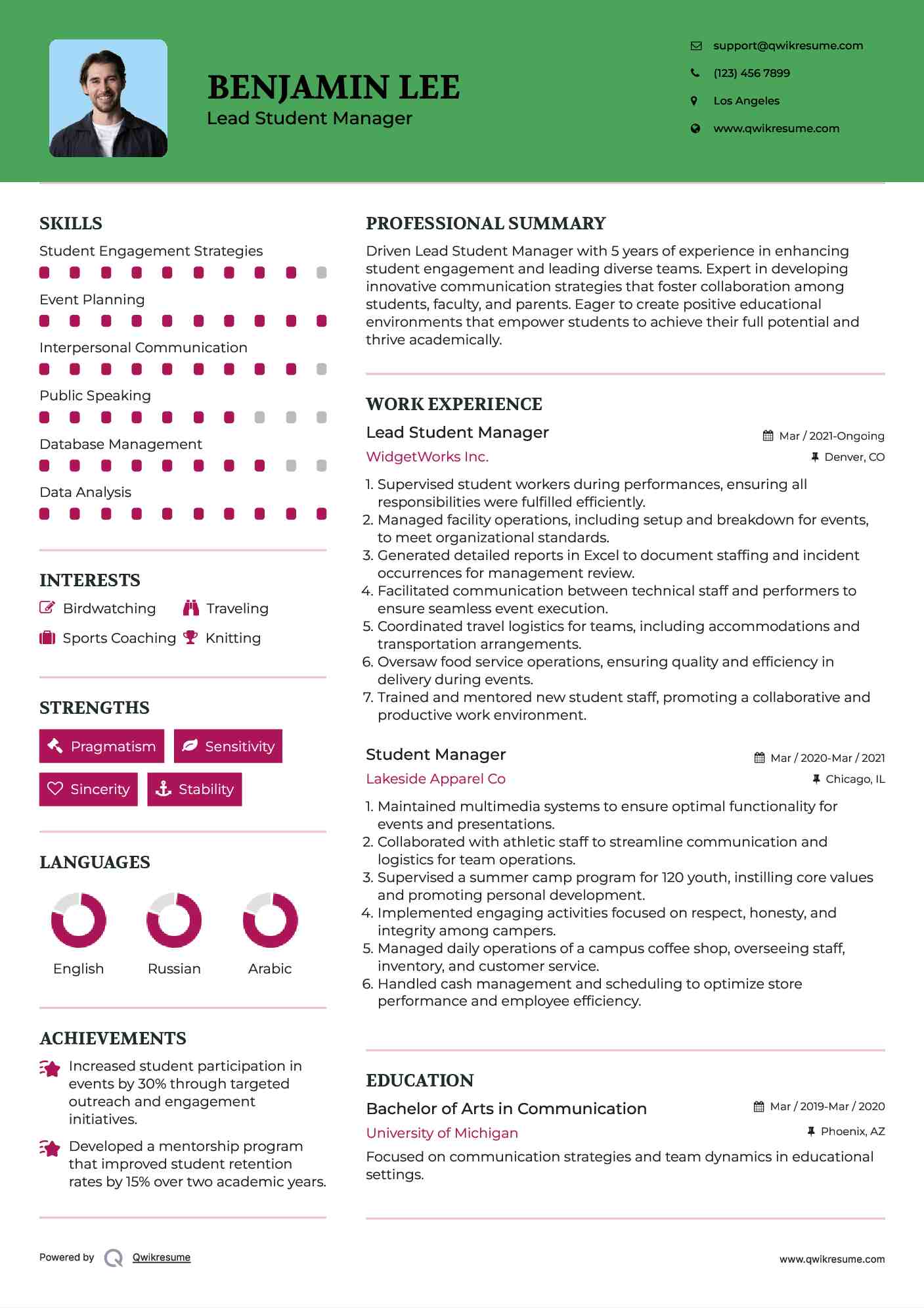 Lead Student Manager Resume Format