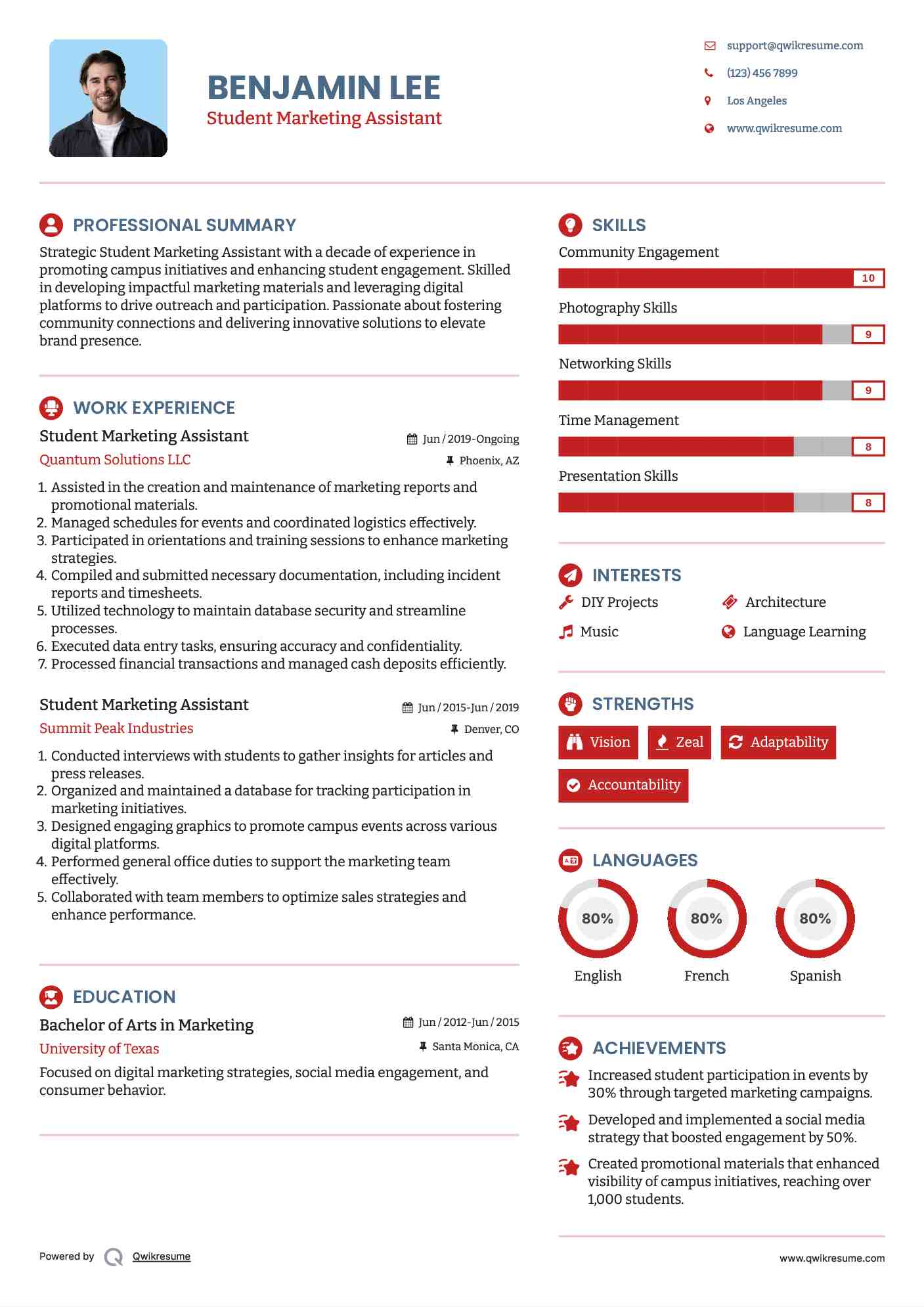 Student Marketing Assistant Resume Example