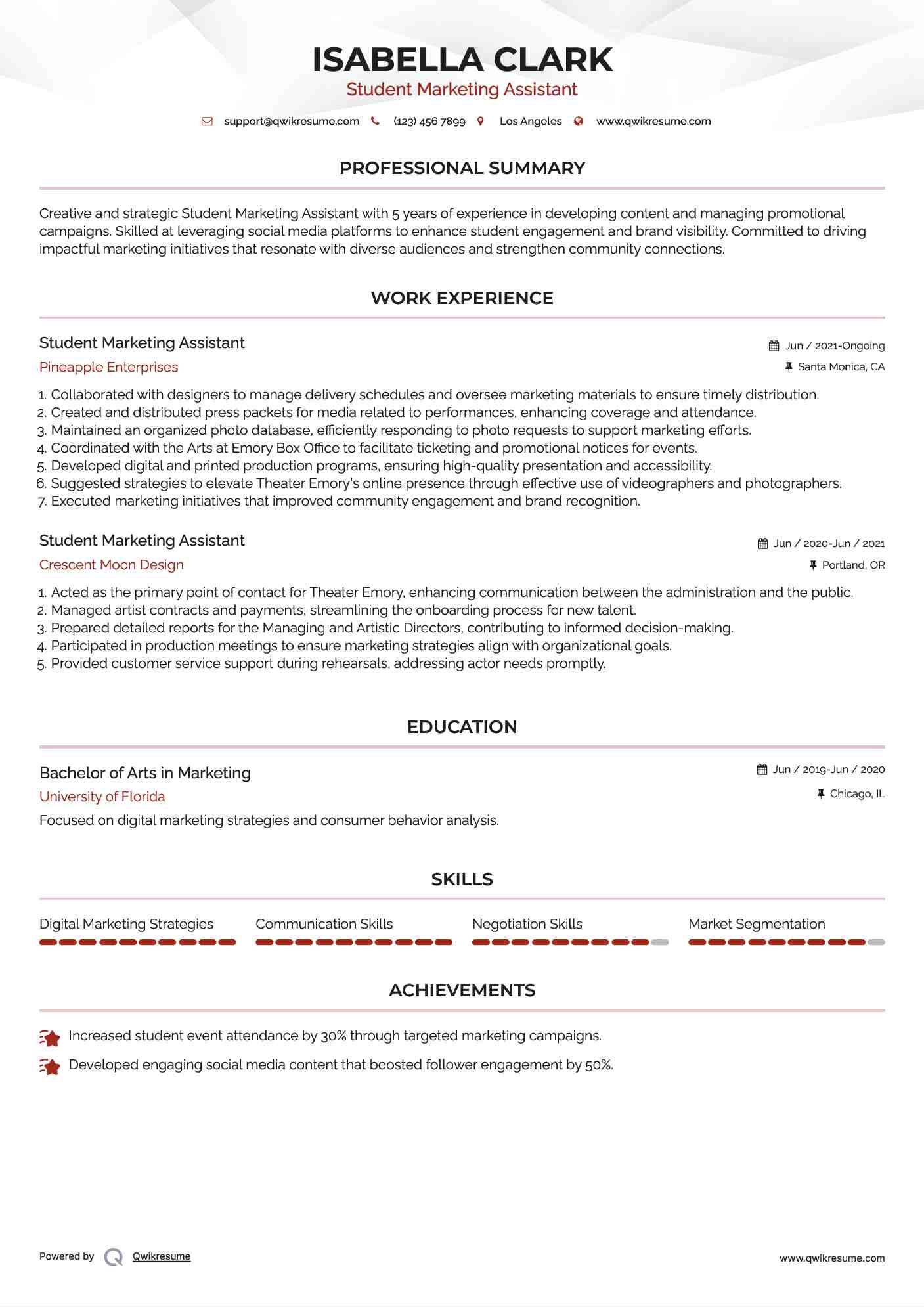 Student Marketing Assistant Resume Example