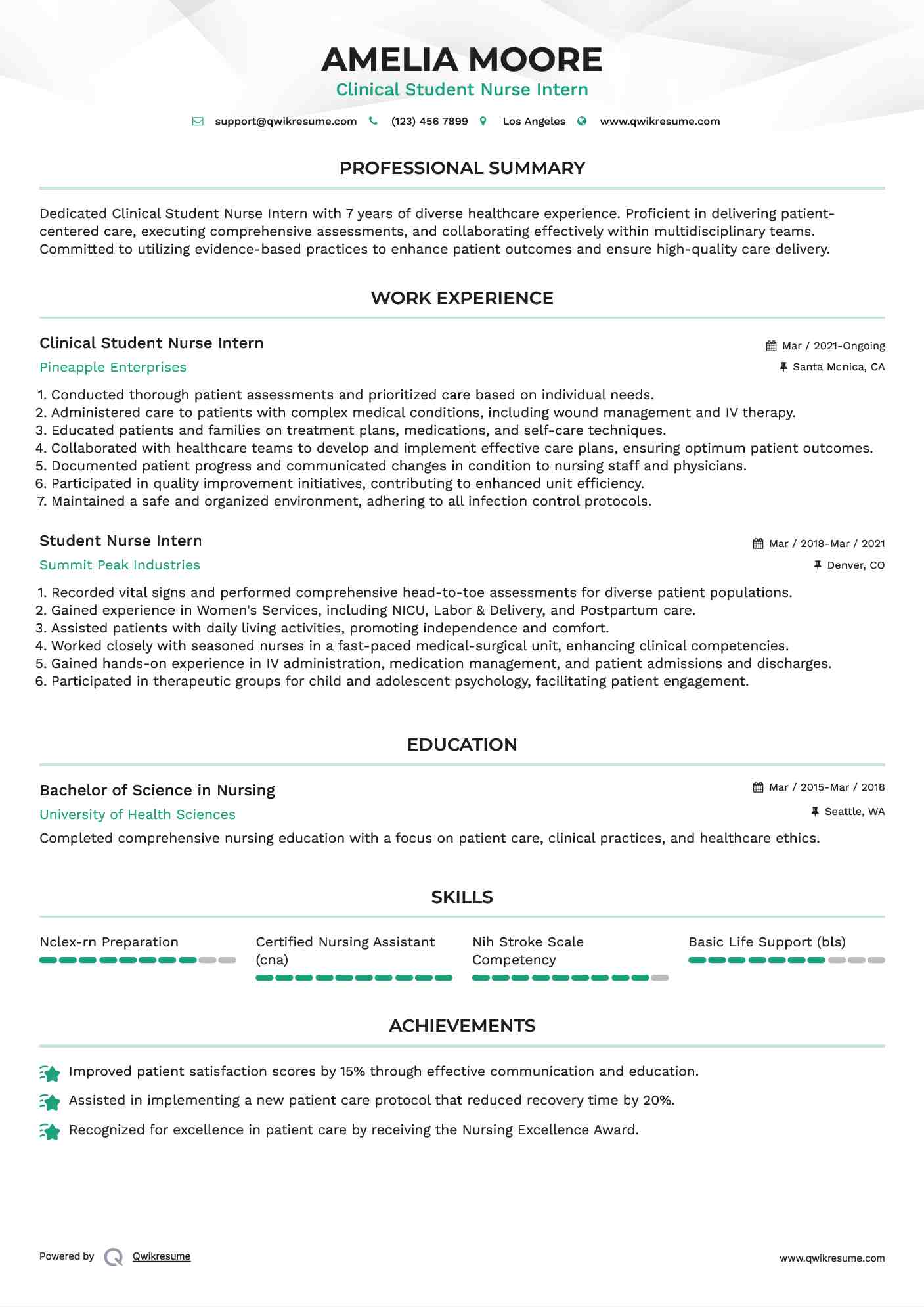 Clinical Student Nurse Intern Resume Sample