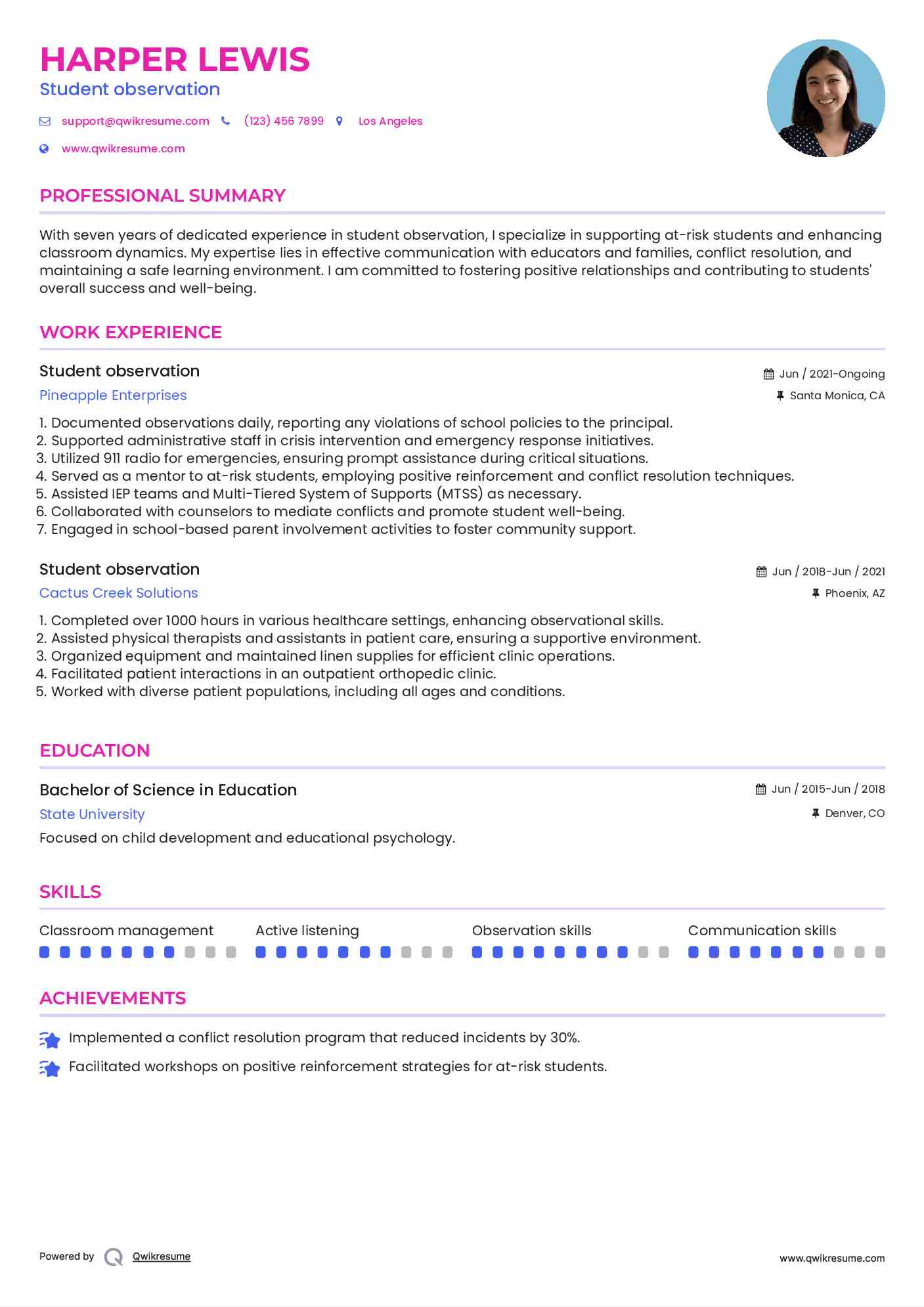 Student observation Resume Format