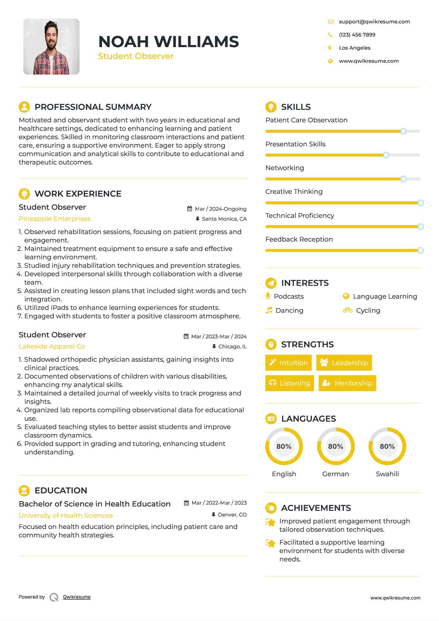 Student Observer Resume Sample