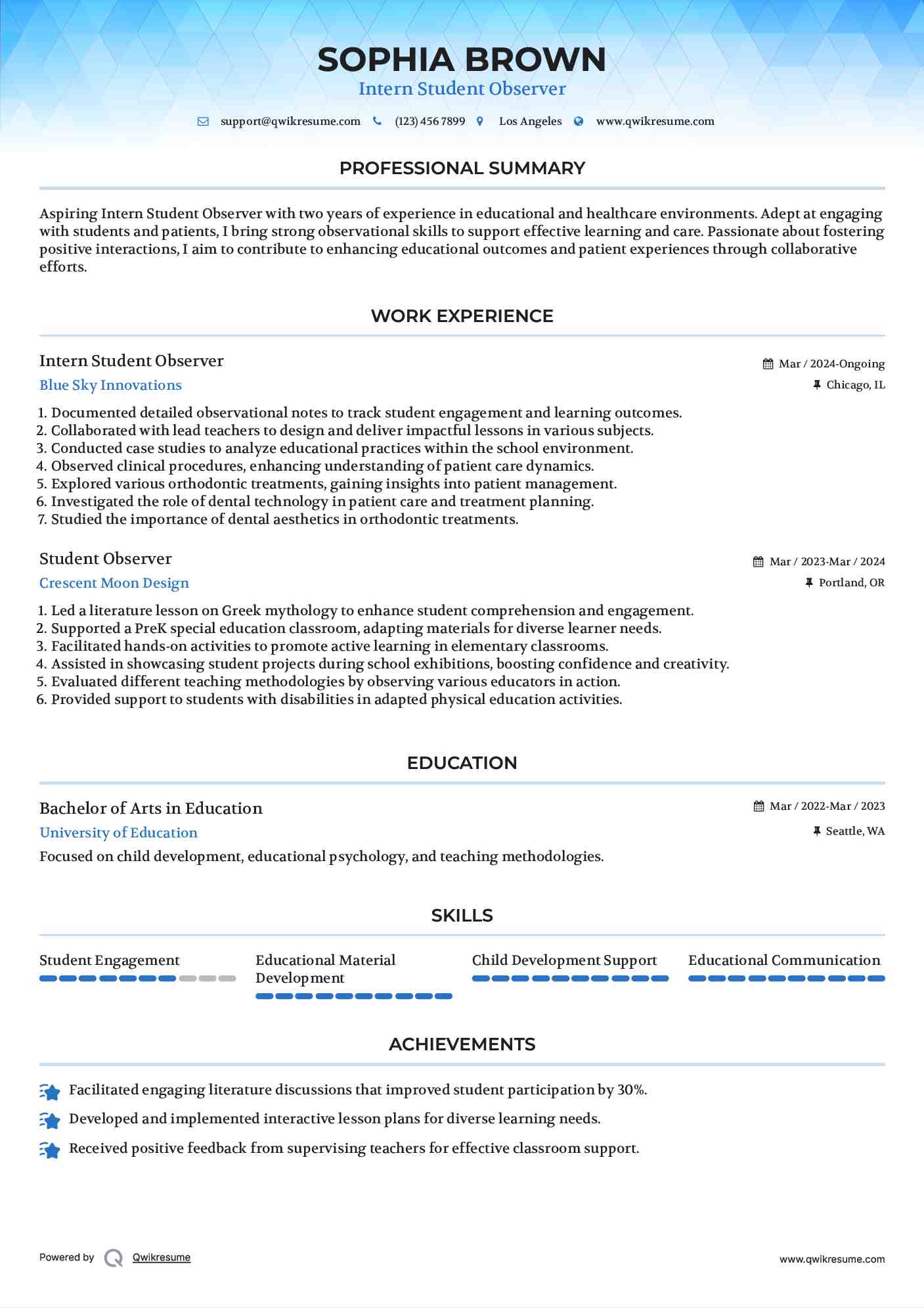 Intern Student Observer Resume Sample