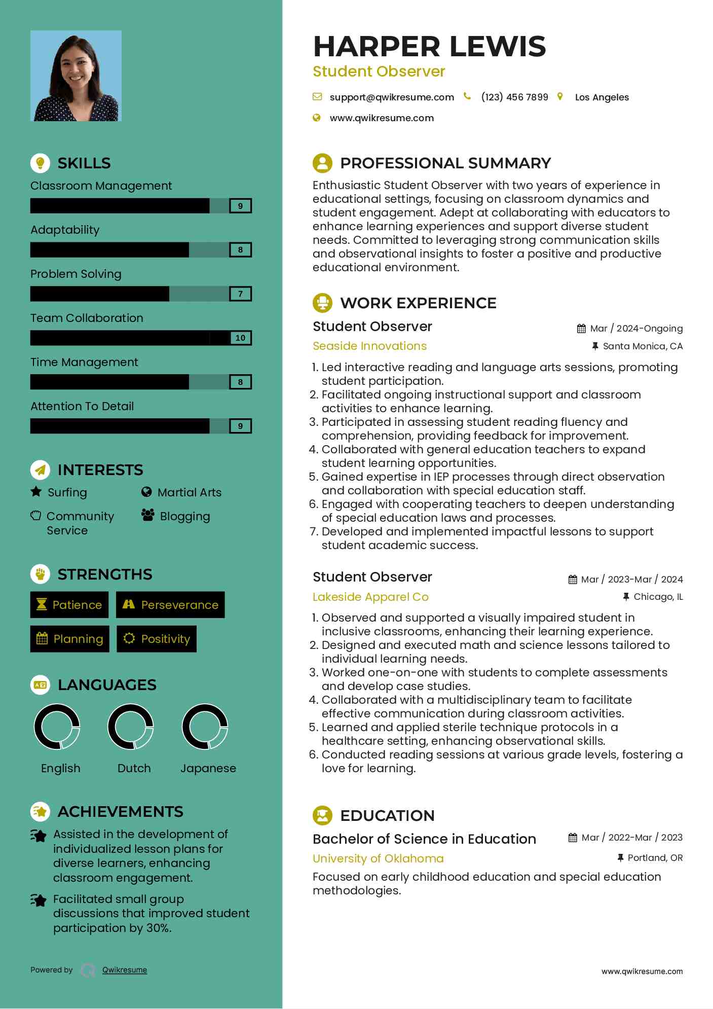 Student Observer Resume Sample