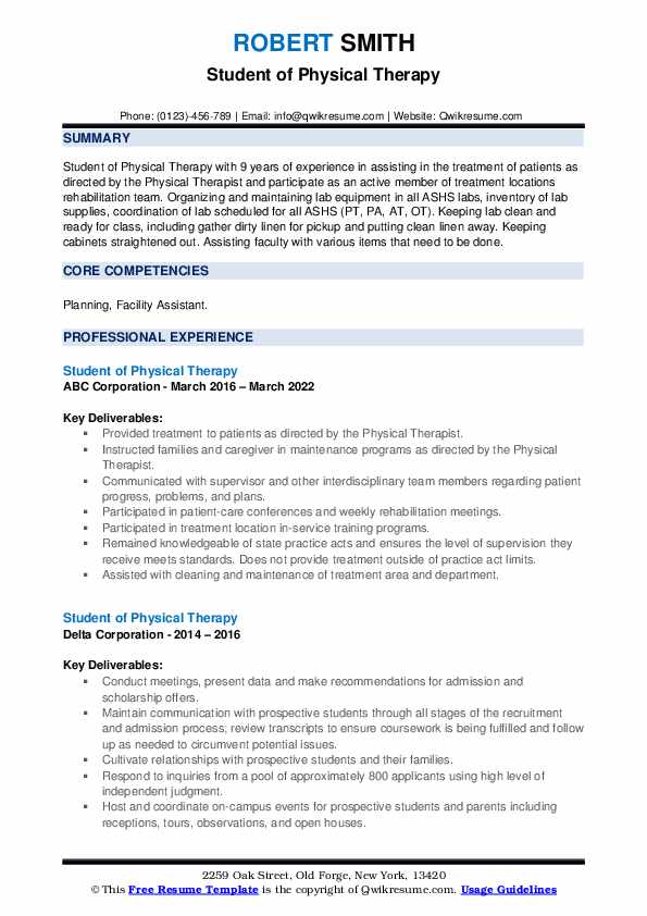 Student of Physical Therapy Resume Samples | QwikResume