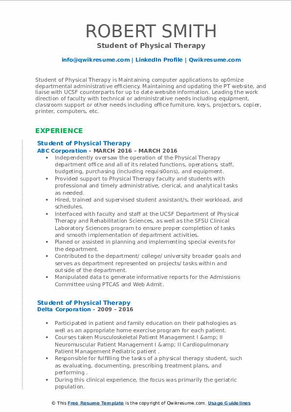 Student of Physical Therapy Resume Samples | QwikResume