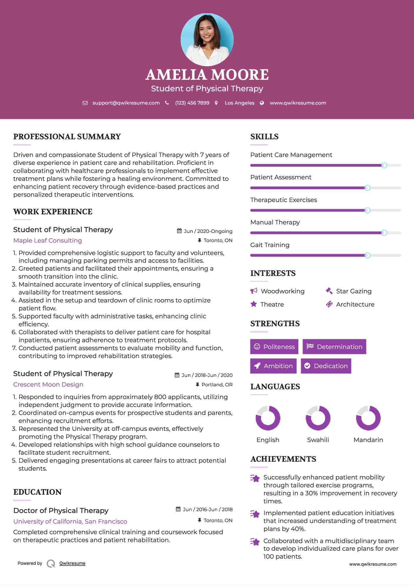 Student of Physical Therapy Resume Model