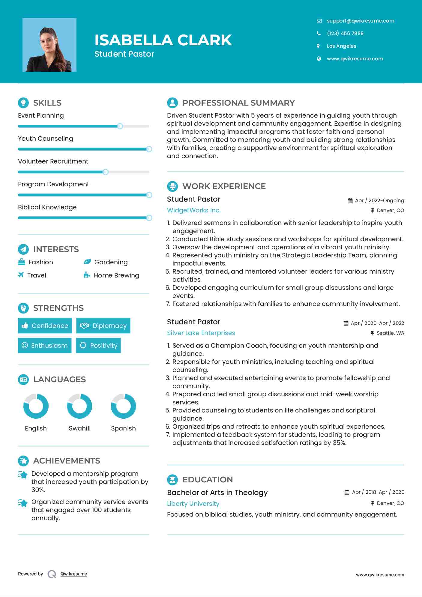 Student Pastor Resume Model