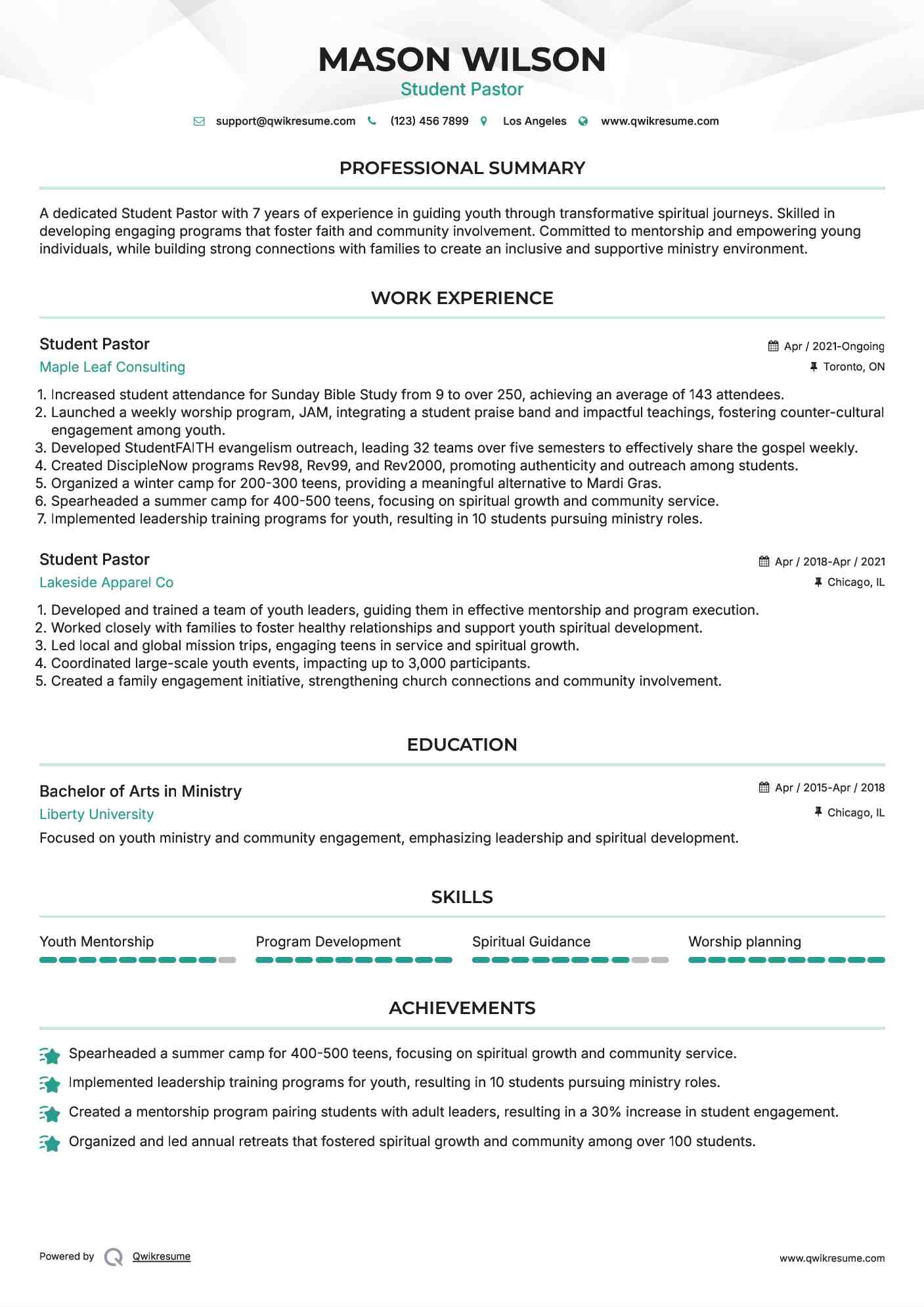 Student Pastor Resume Example