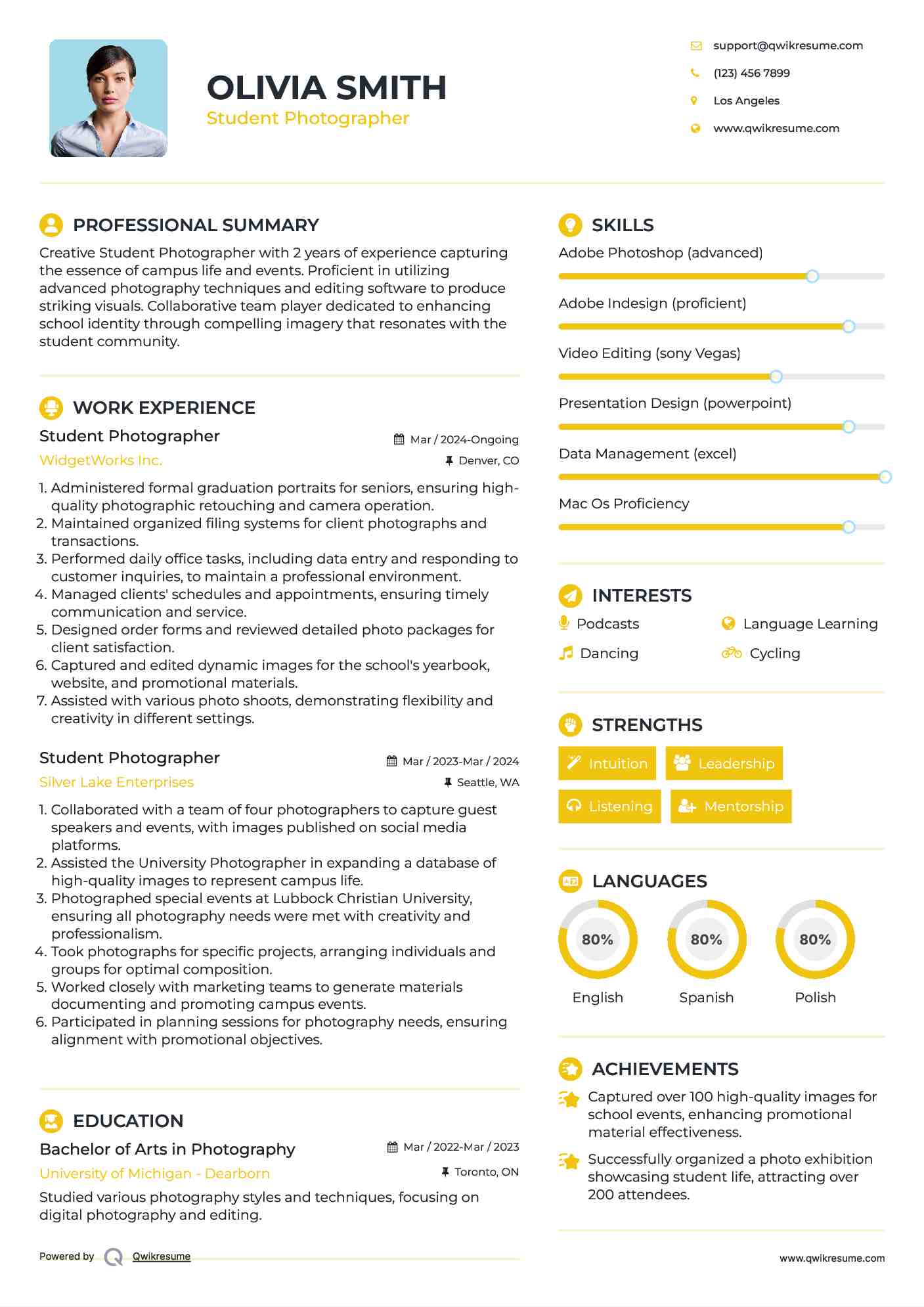 Student Photographer Resume Sample