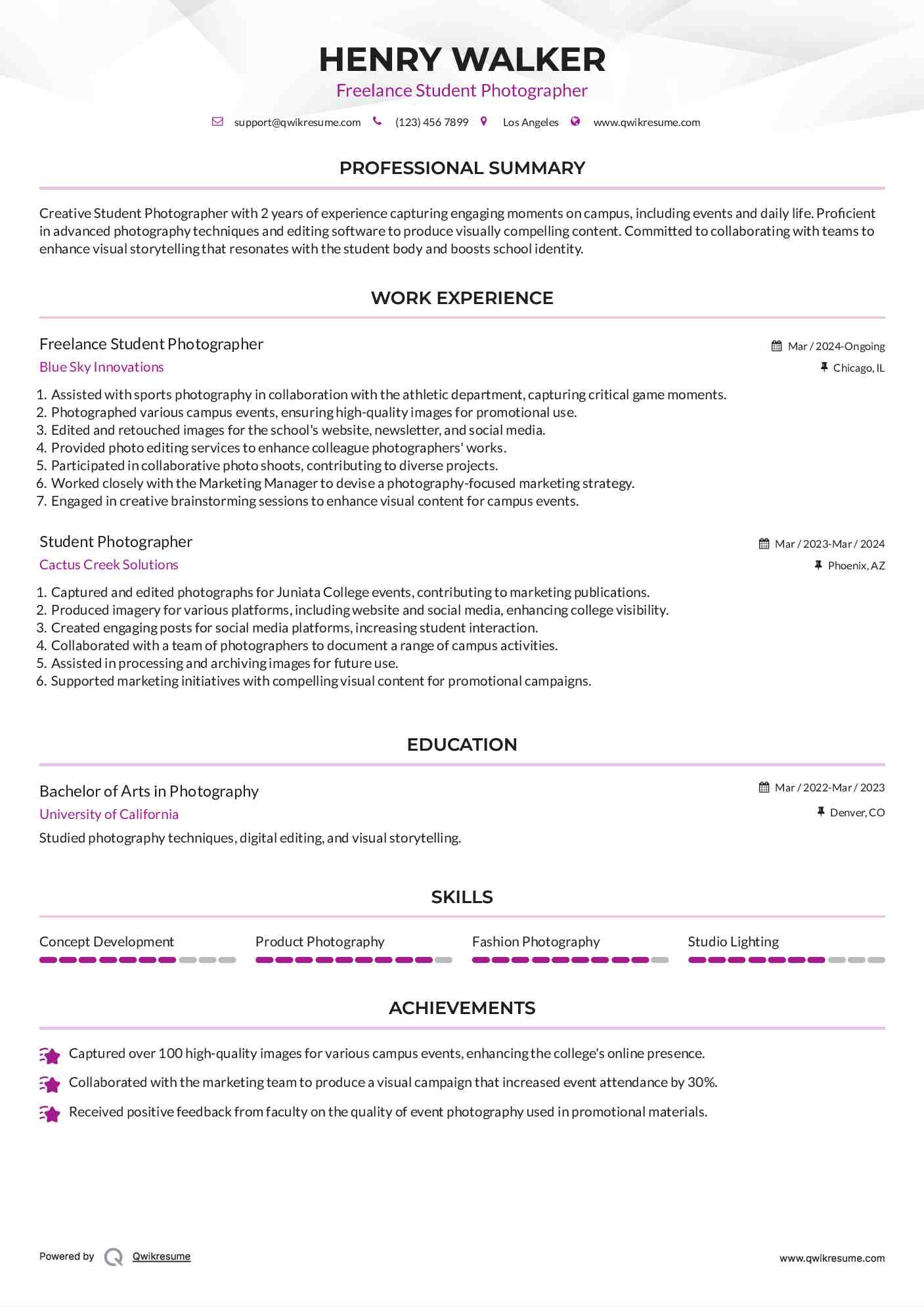 Freelance Student Photographer Resume Example