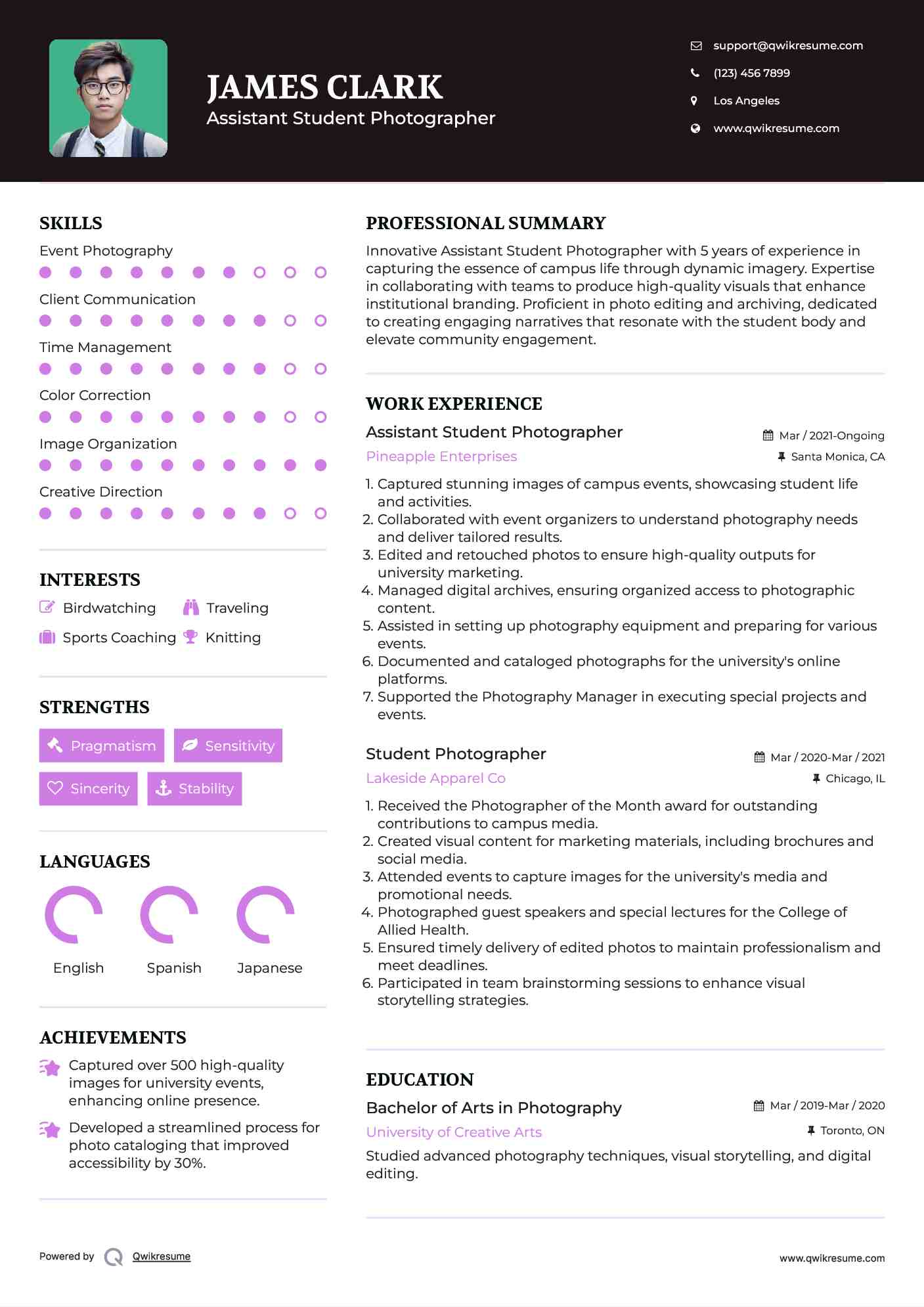 Assistant Student Photographer Resume Template