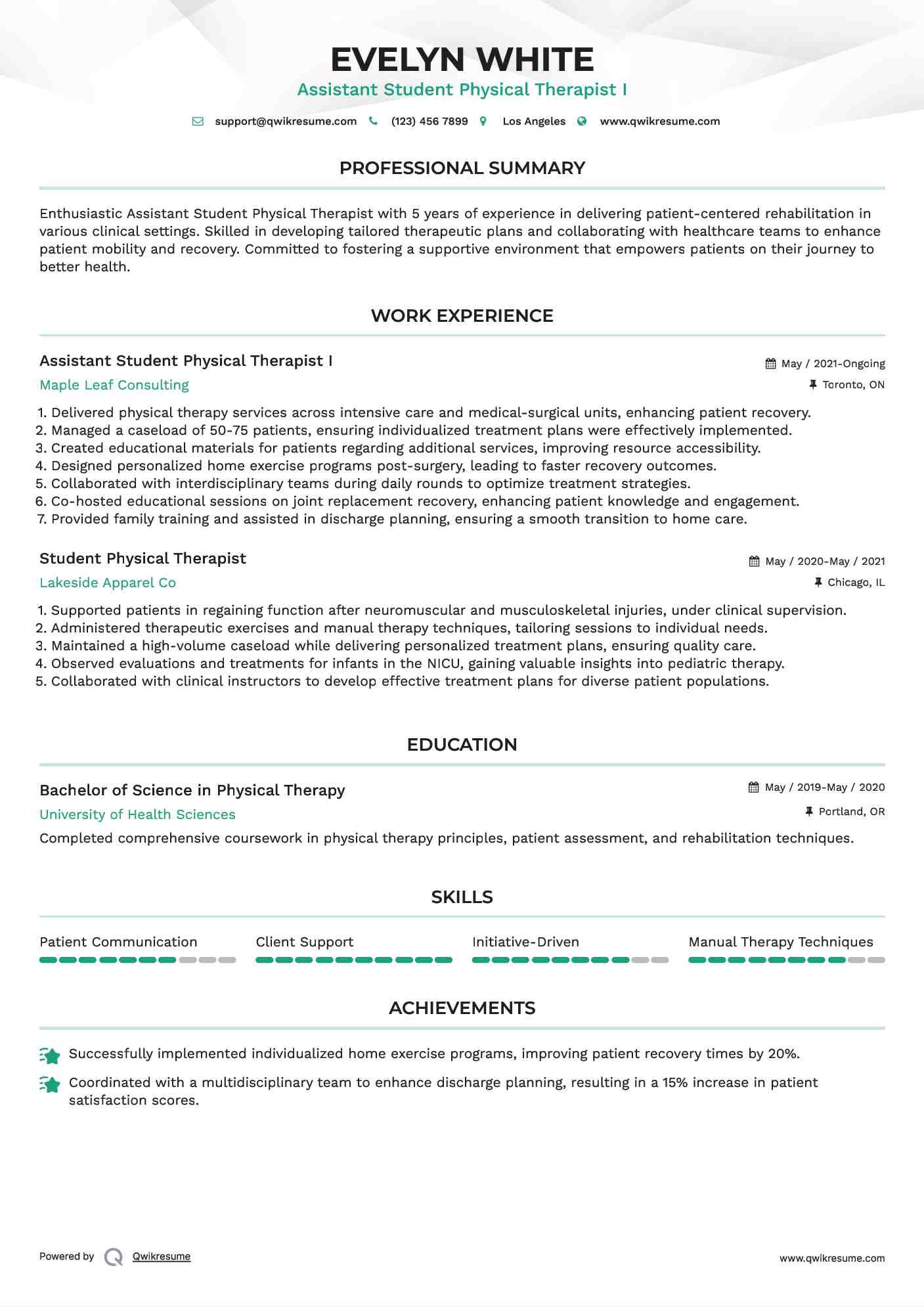 Assistant Student Physical Therapist I Resume Sample