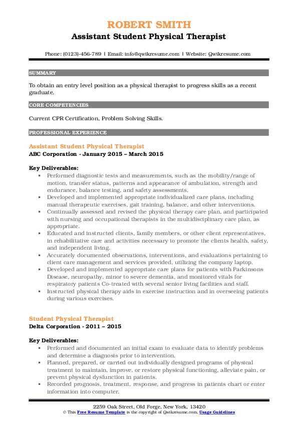 Student Physical Therapist Resume Samples | QwikResume