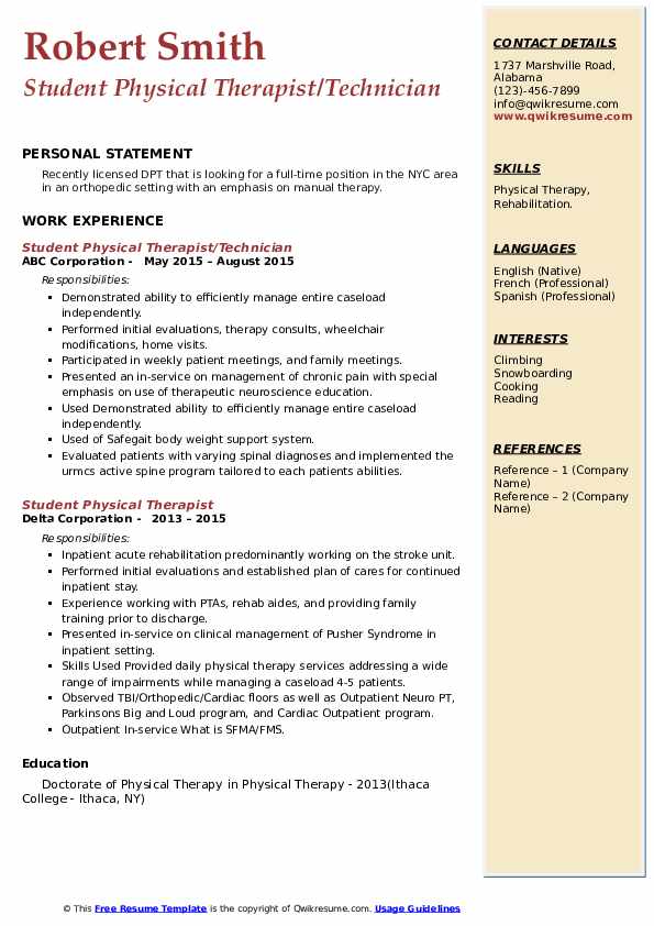 Student Physical Therapist Resume Samples | QwikResume
